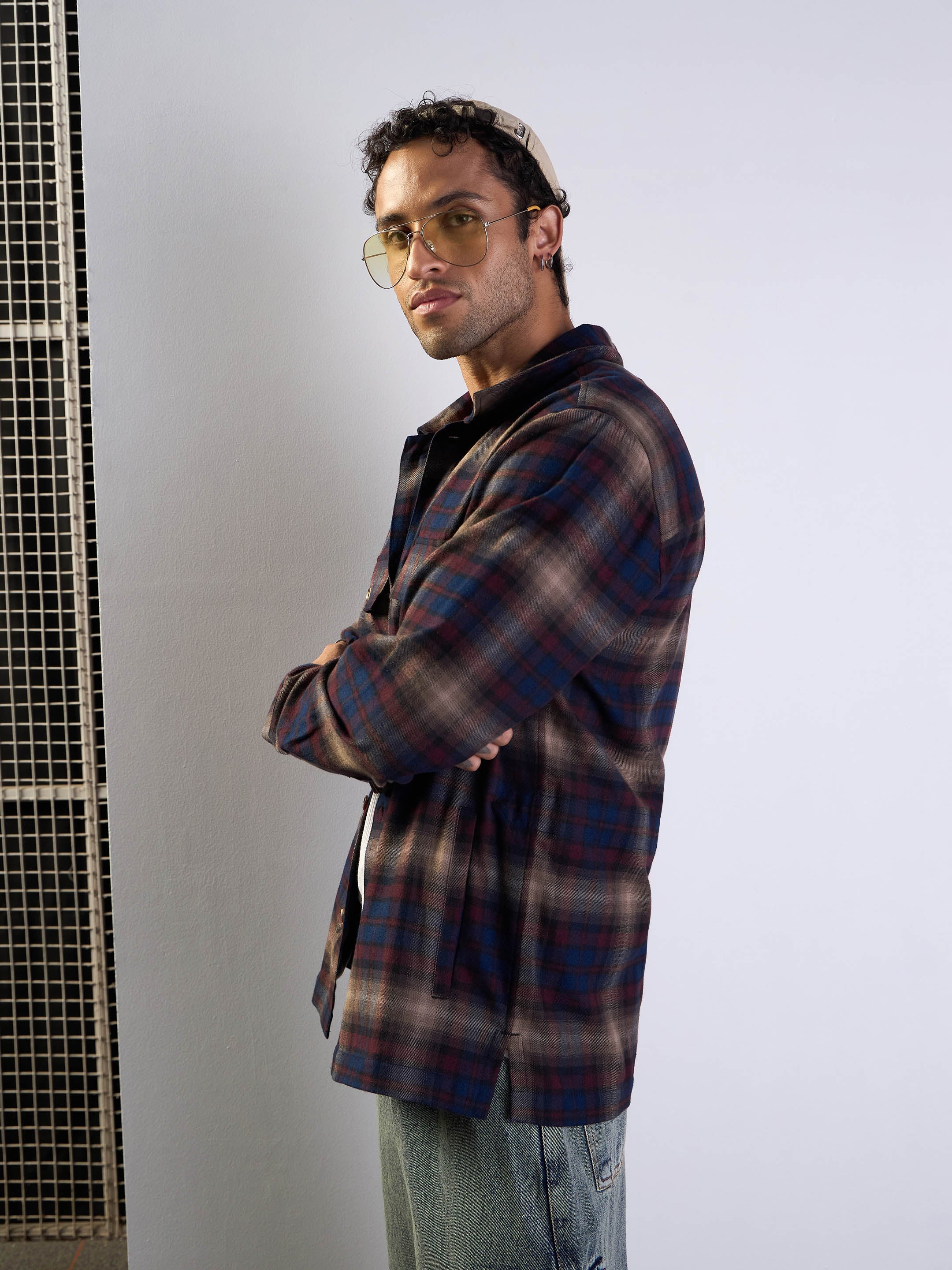 Men Navy & Beige Check Side Pocket Shacket - Image 3