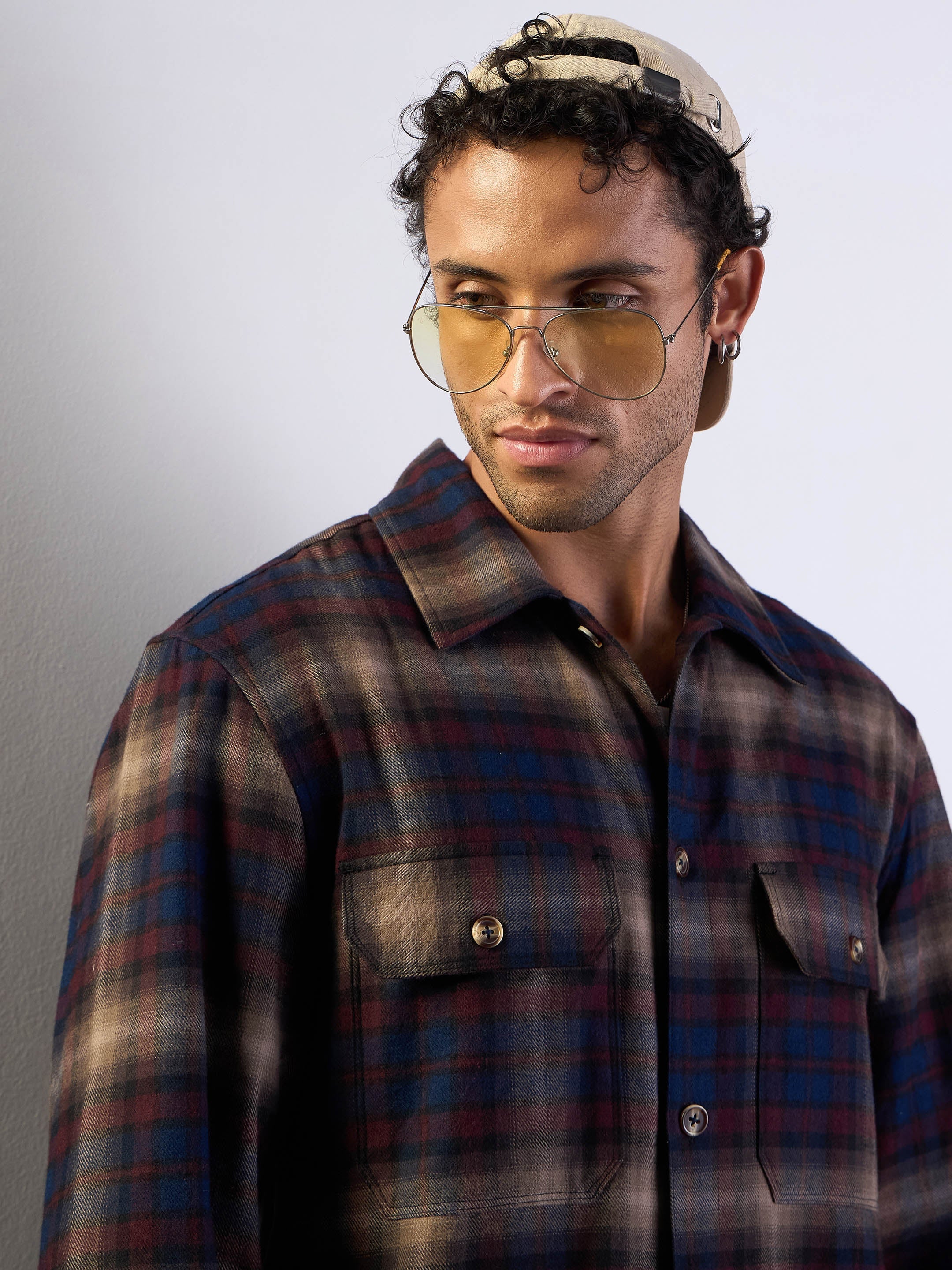 Men Navy & Beige Check Side Pocket Shacket - Image 4