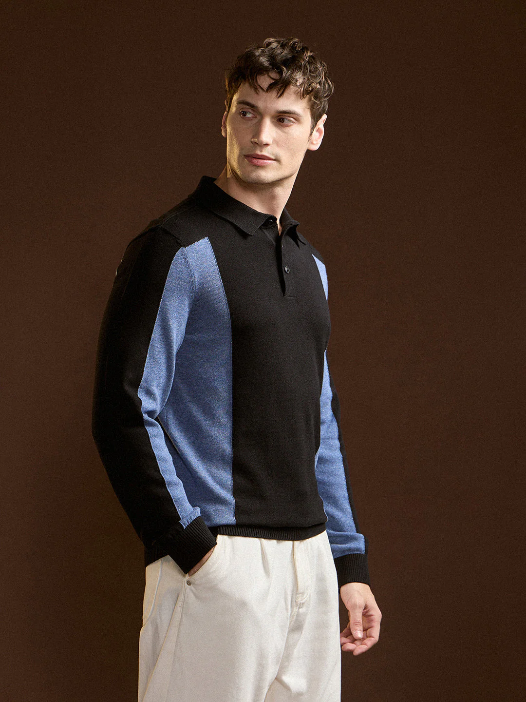 Men Navy Blue and White Color-Block Slim Fit Polo - Image 3