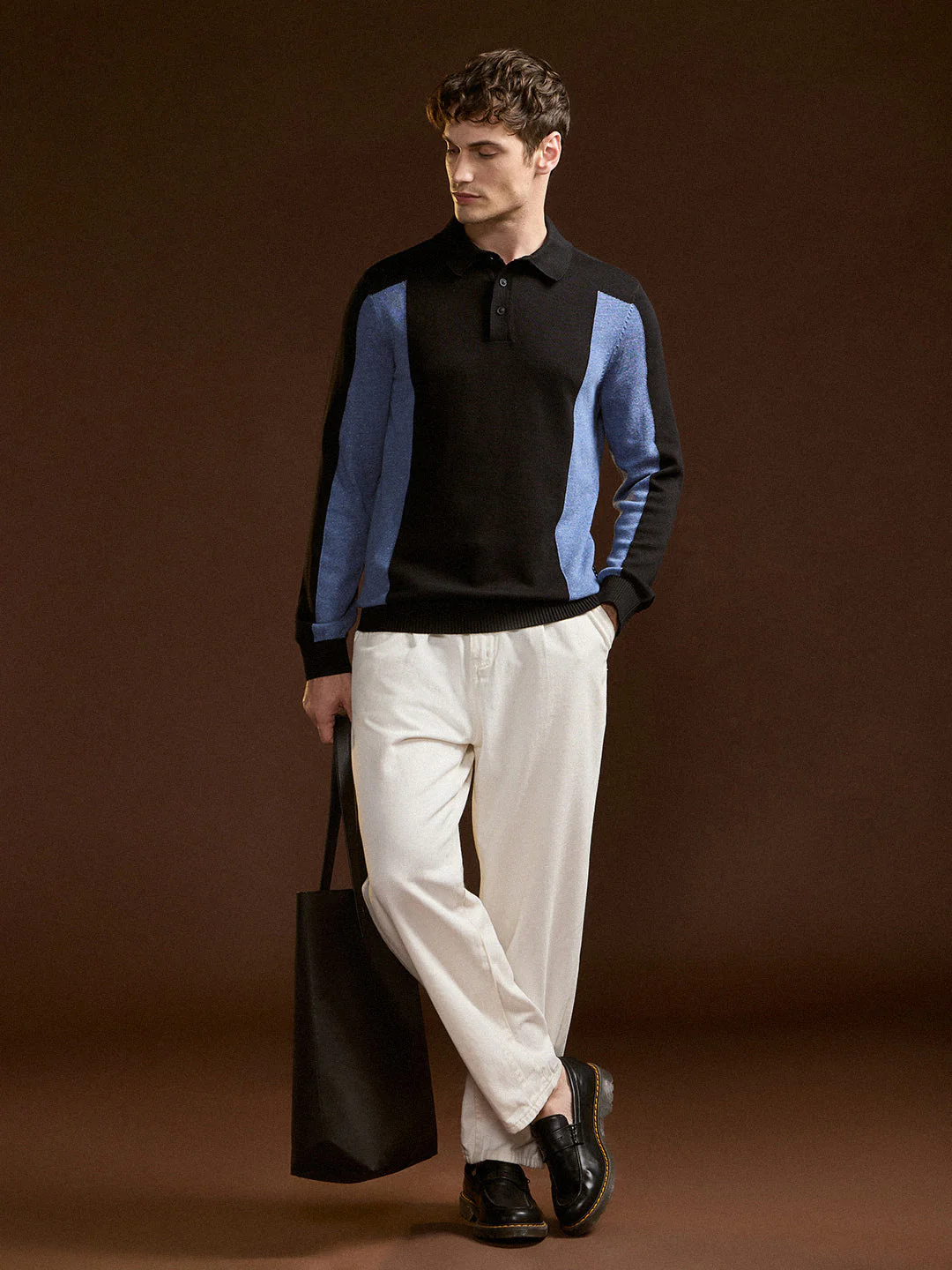 Men Navy Blue and White Color-Block Slim Fit Polo - Image 4