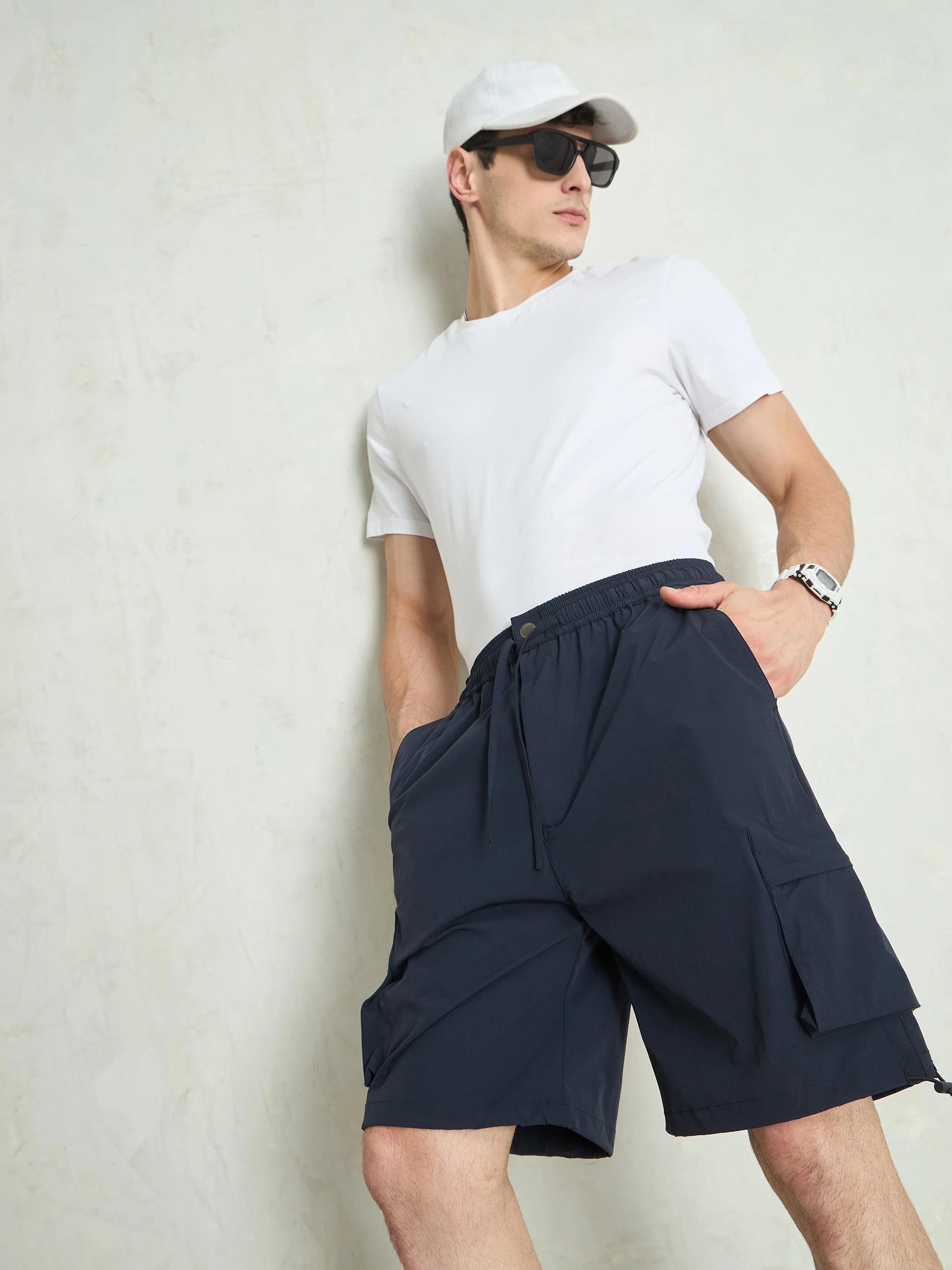 Men Navy Blue Cargo Pocket Parachute Shorts - Image 2