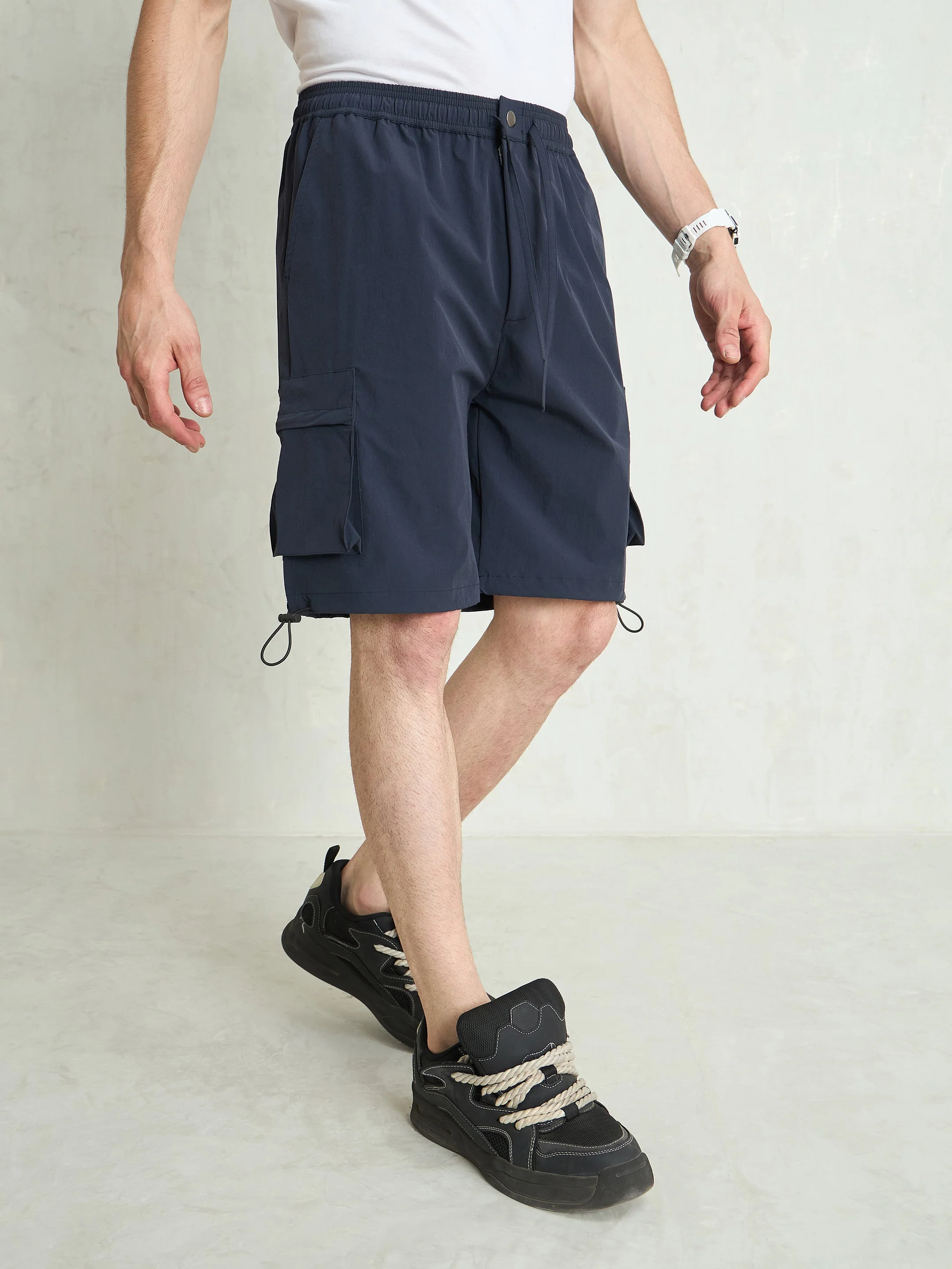 Men Navy Blue Cargo Pocket Parachute Shorts - Image 3