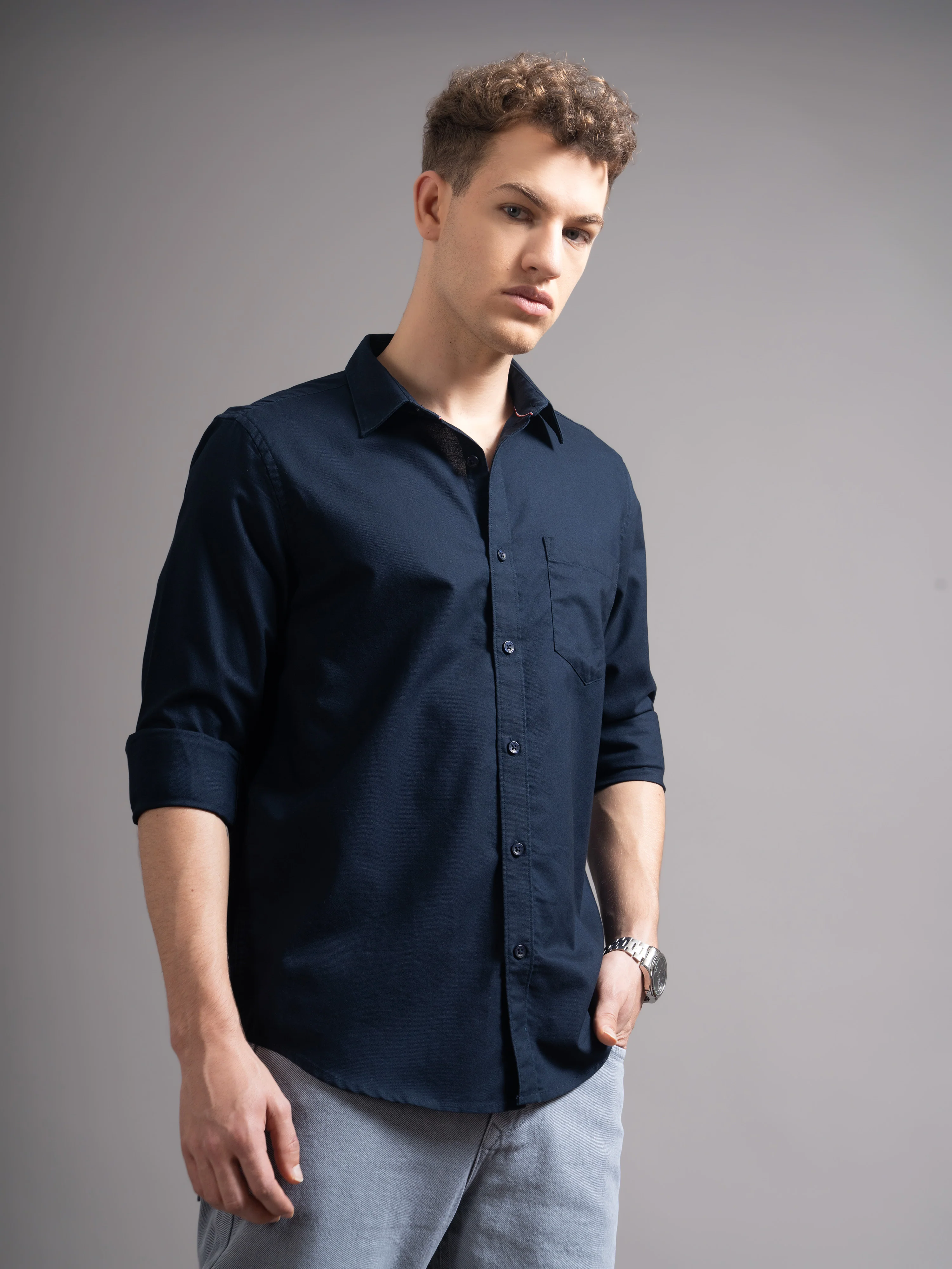 Men Navy Blue Casual Shirt - Image 3