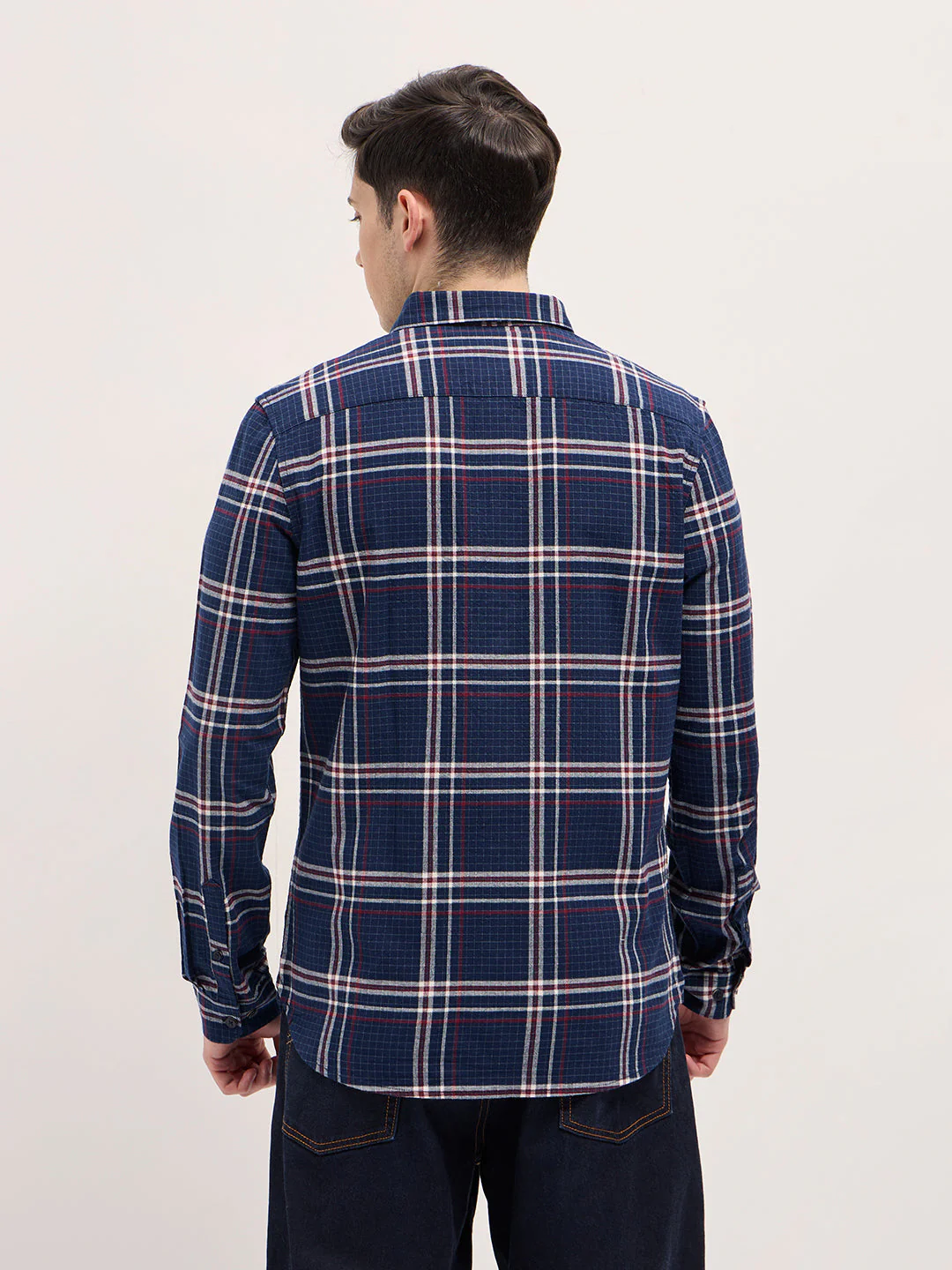 Men Navy Blue Checked Slim Fit Casual Shirt - Image 2