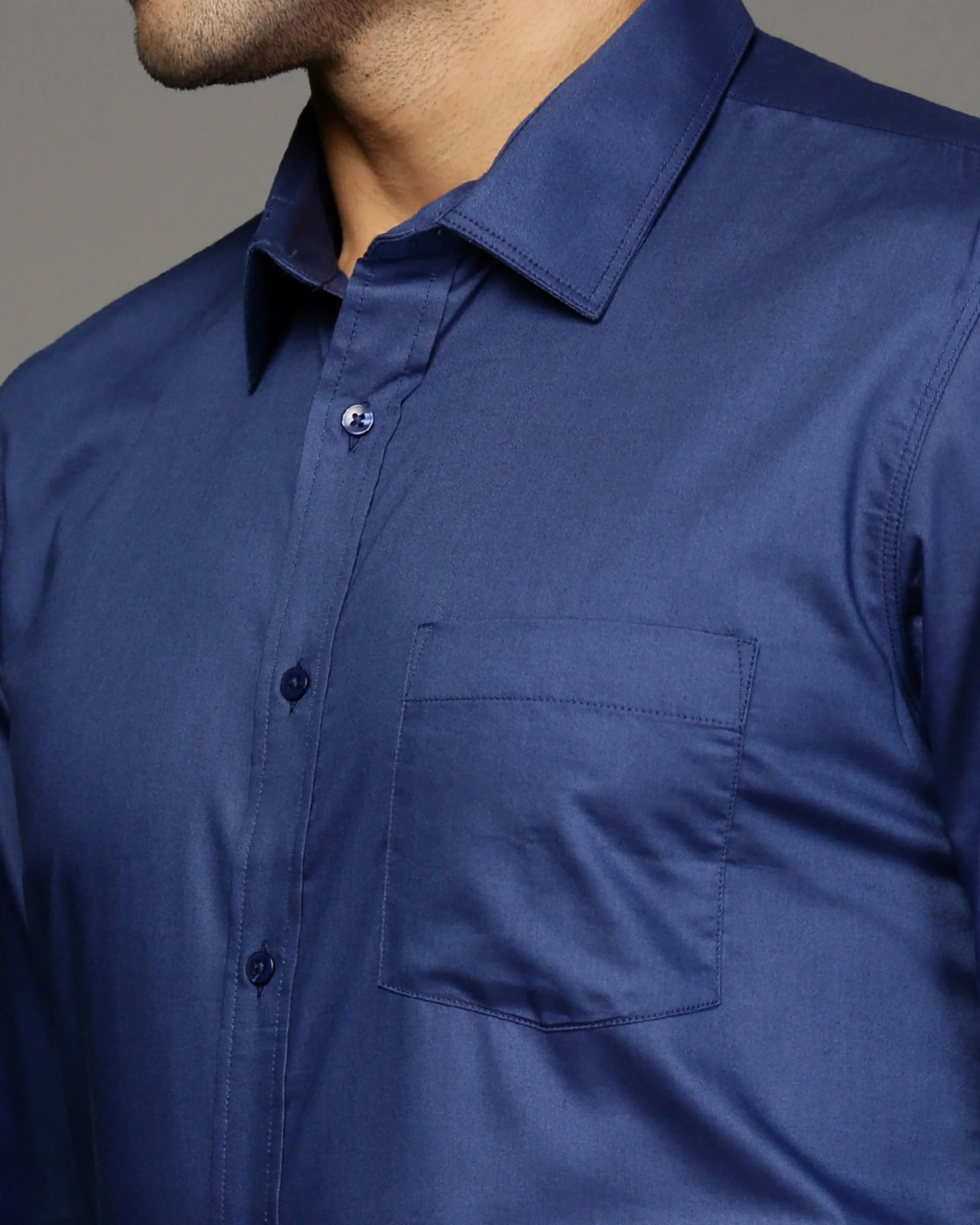Men Navy Blue Cotton Blend Slim Shirt - Image 6