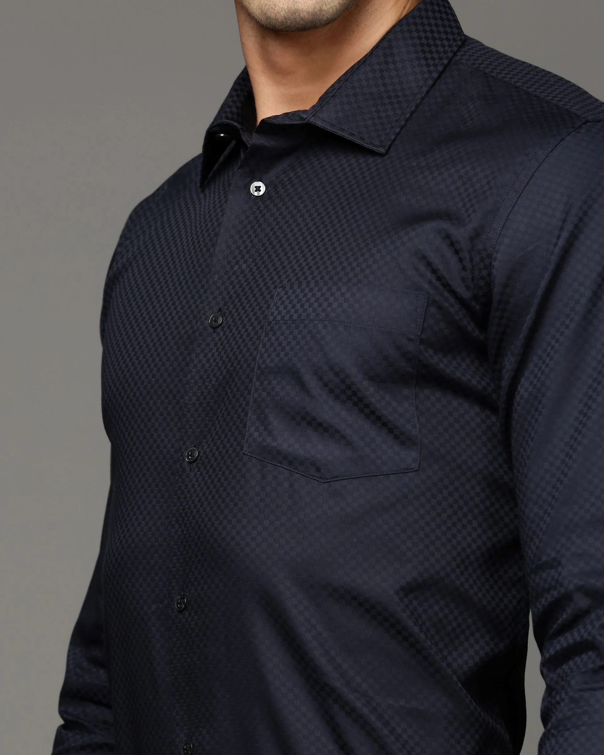 Men Navy Blue Cotton Blend Slim Shirt - Image 6