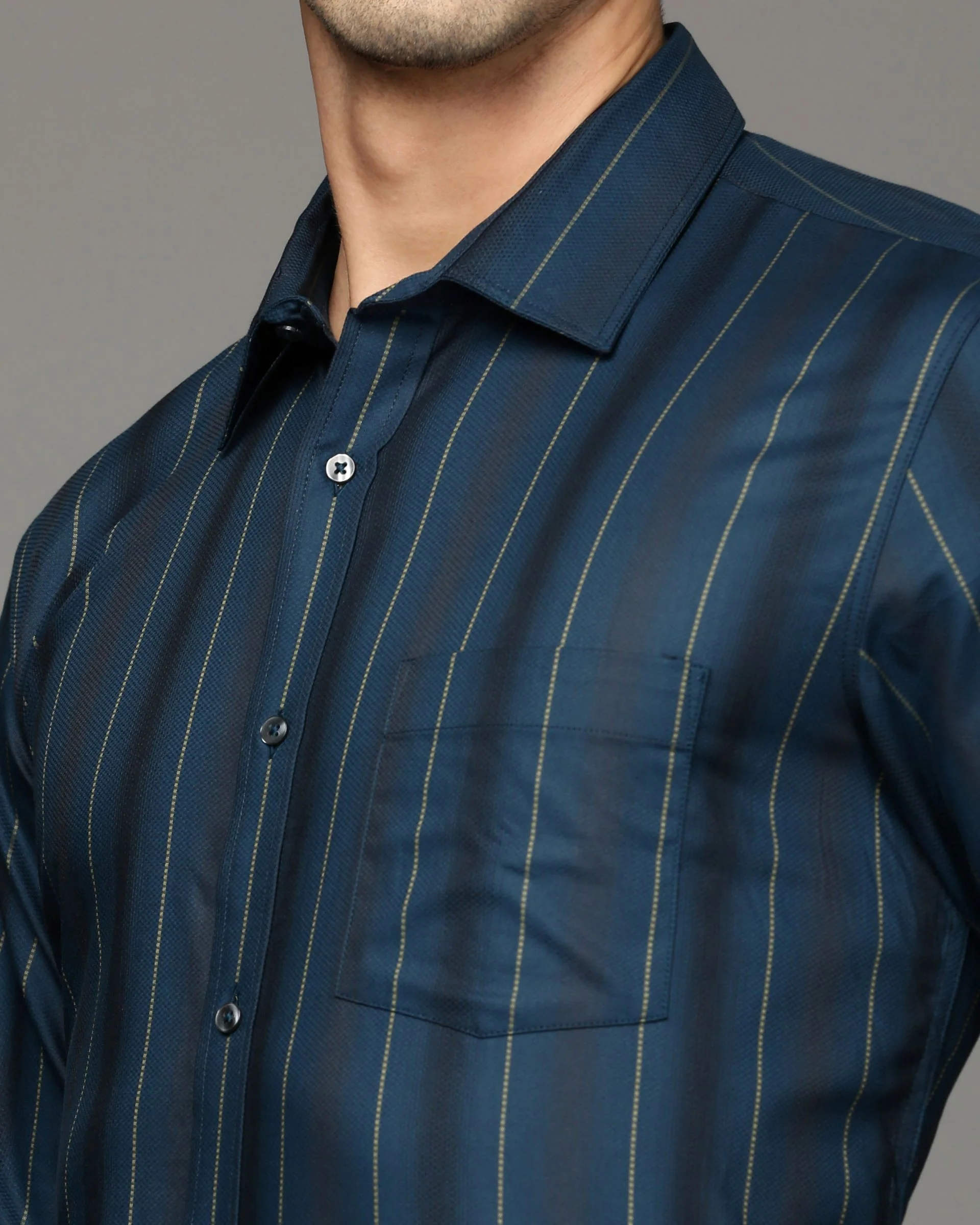 Men Navy Blue Cotton Blend Slim Shirt - Image 6