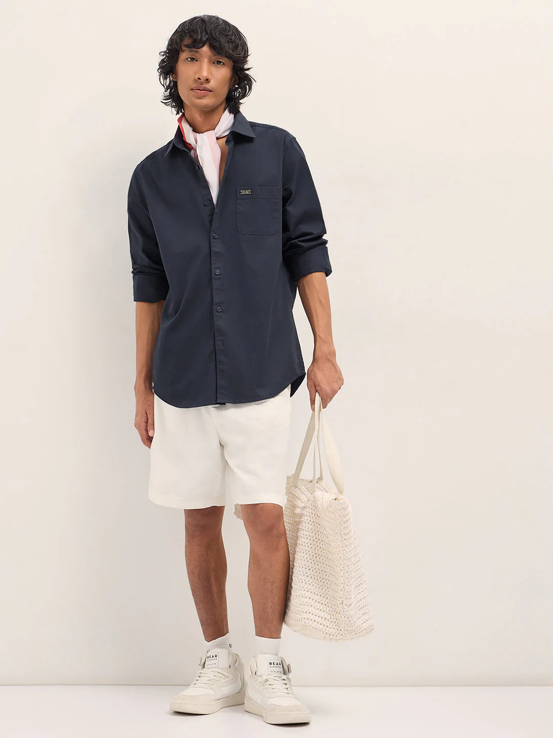 Men Navy Blue Cotton Blend Solid Slim Fit Casual Shirt - Image 4