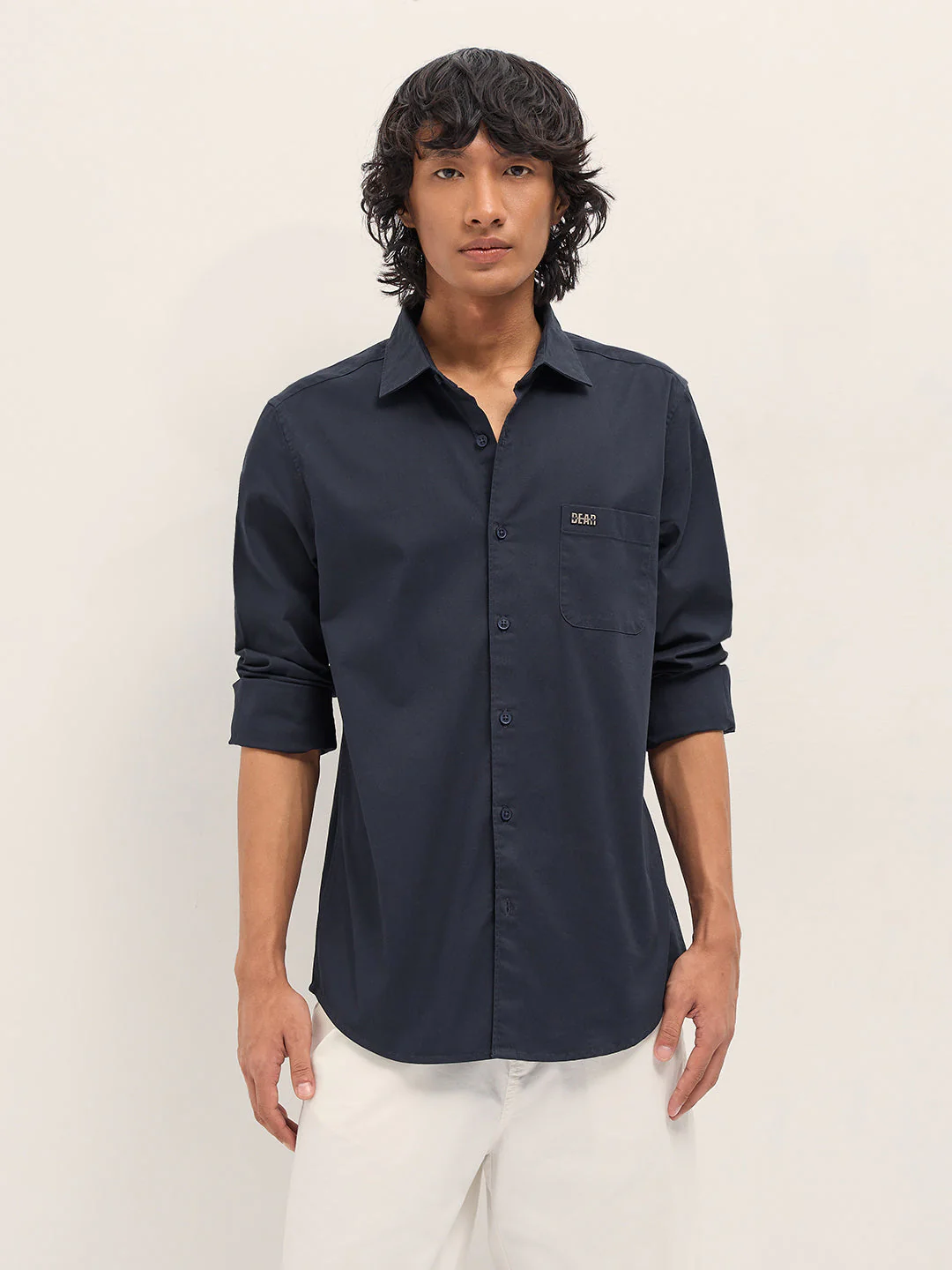 Men Navy Blue Cotton Blend Solid Slim Fit Casual Shirt - Image 6