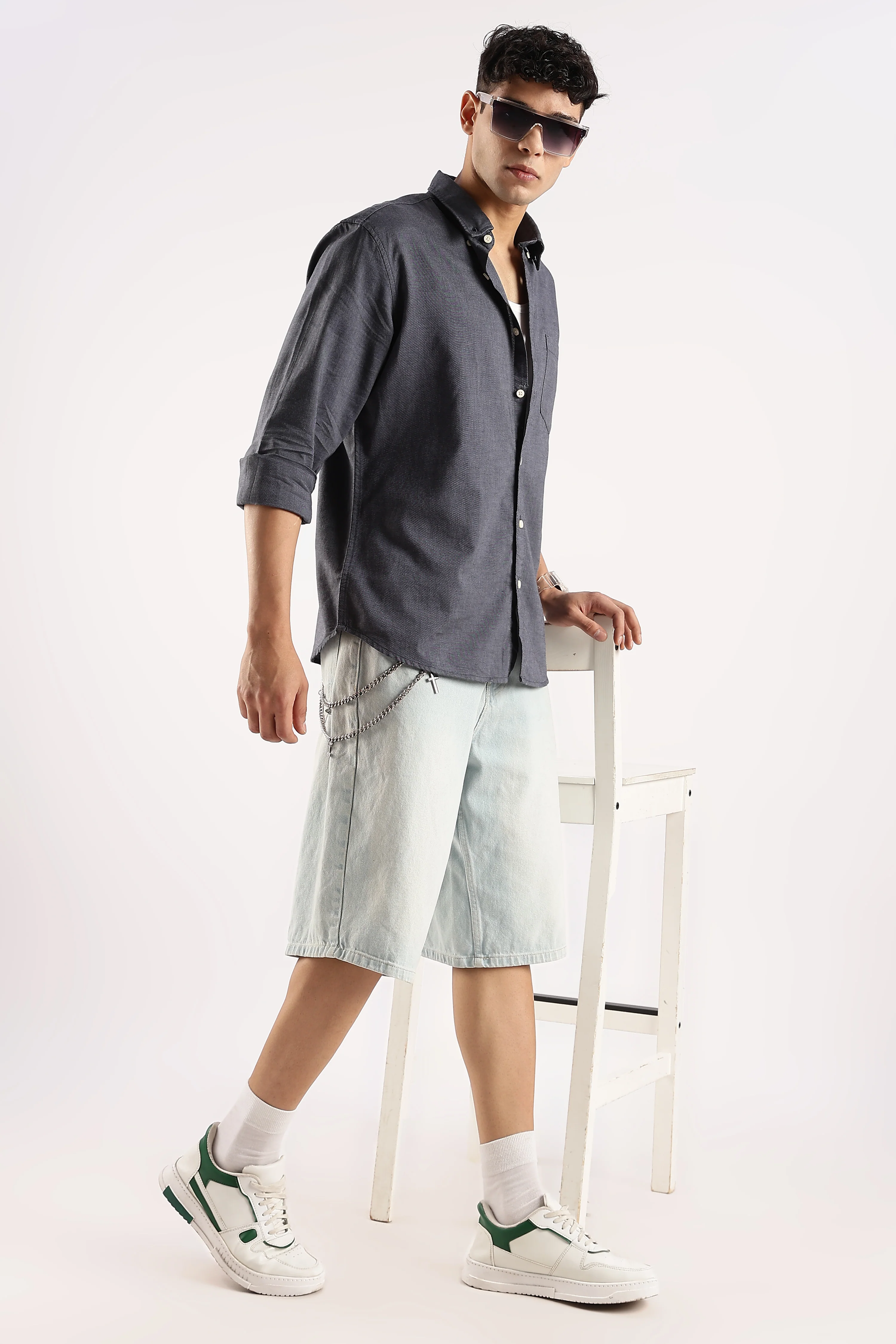 Men Navy Blue Cotton Oxford Shirt - Image 10