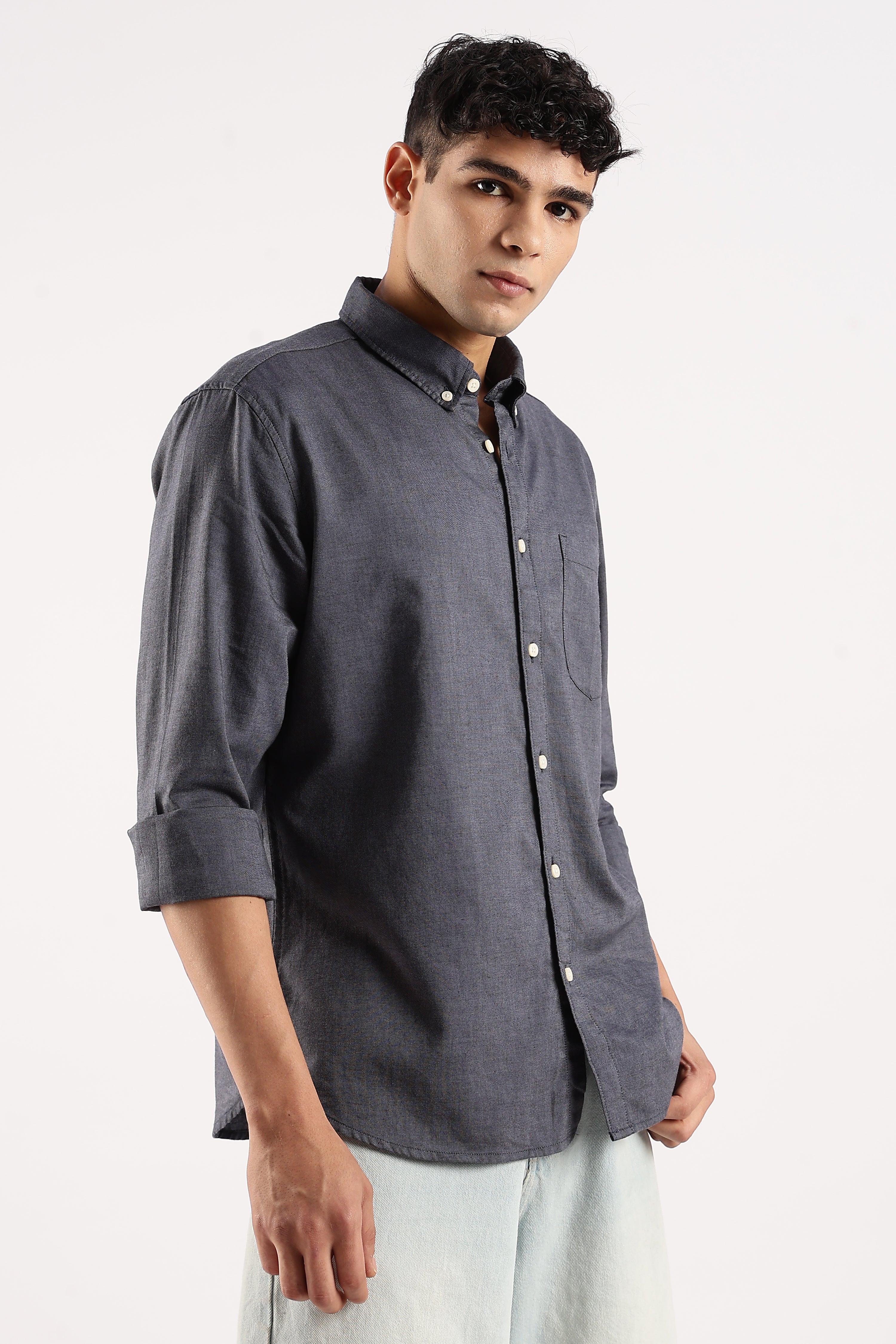 Men Navy Blue Cotton Oxford Shirt - Image 2