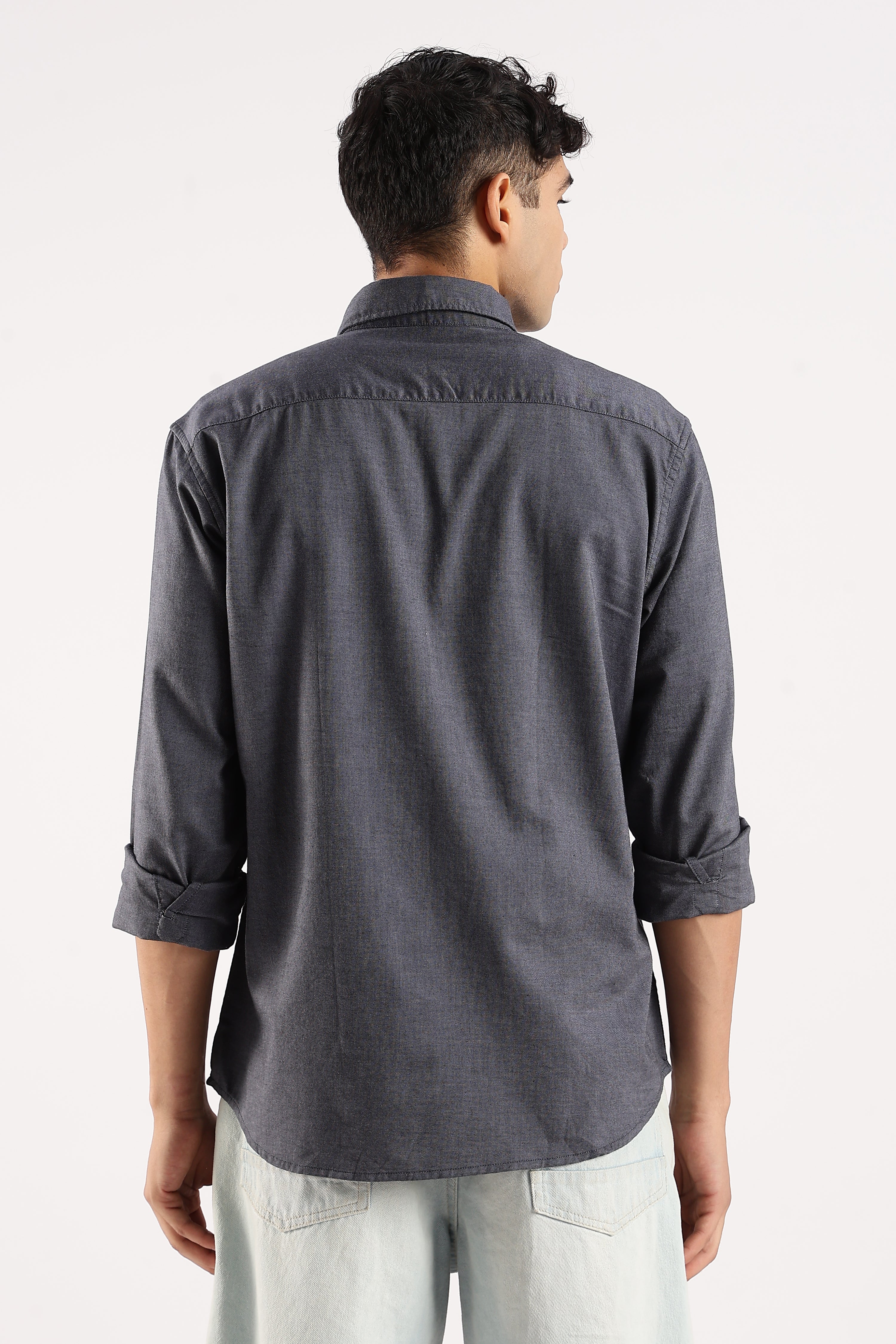 Men Navy Blue Cotton Oxford Shirt - Image 3
