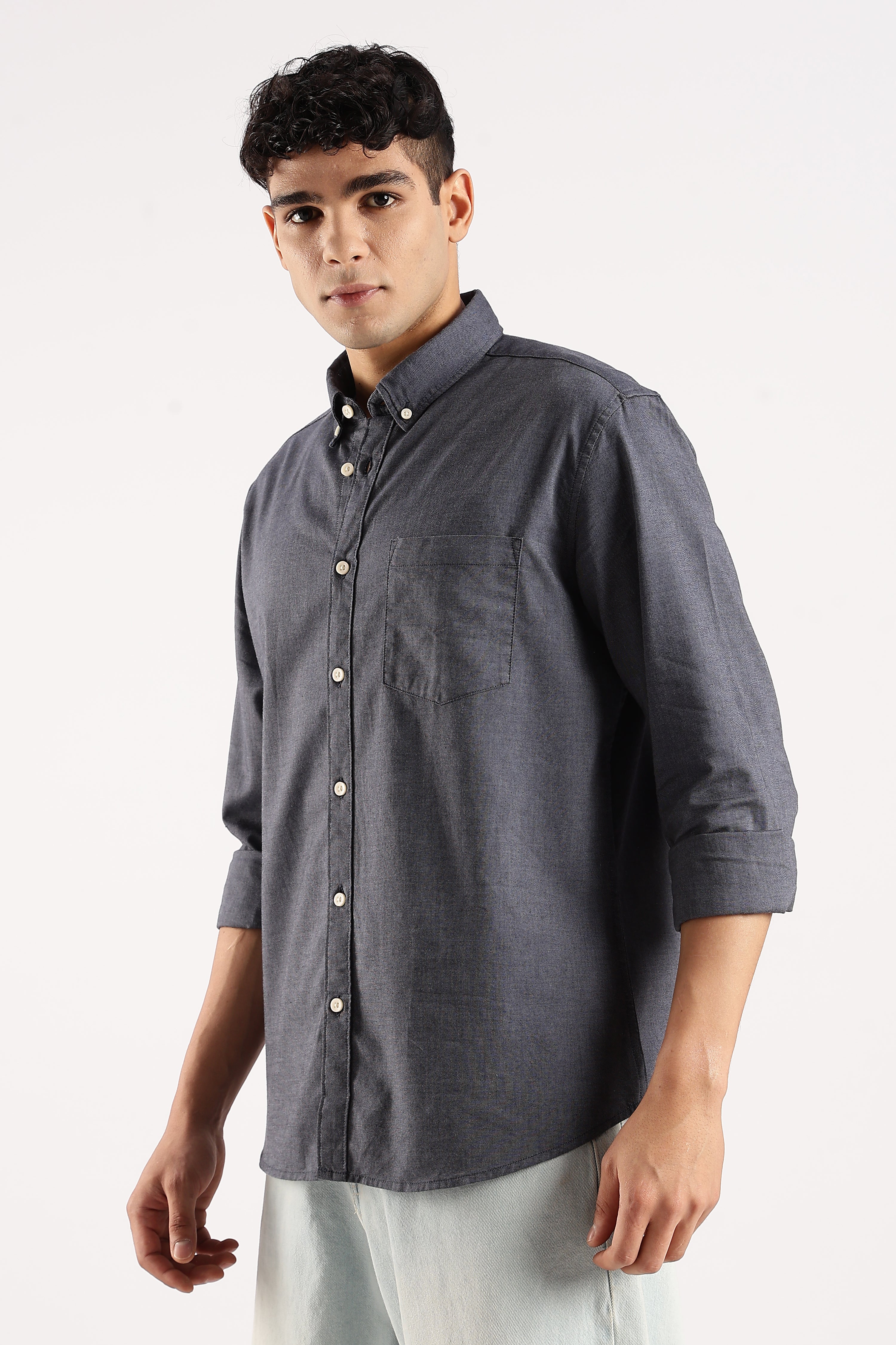 Men Navy Blue Cotton Oxford Shirt - Image 4