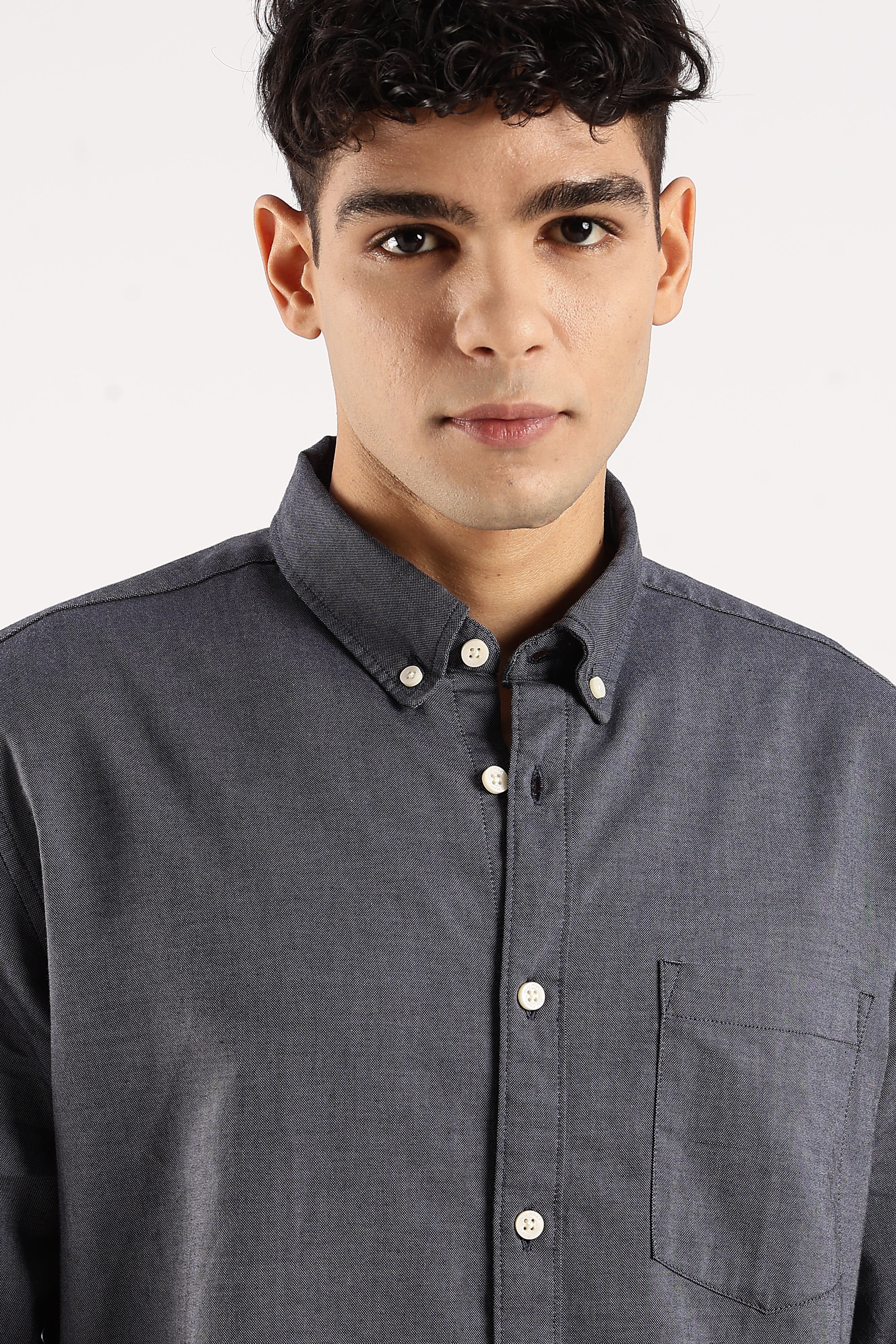 Men Navy Blue Cotton Oxford Shirt - Image 5