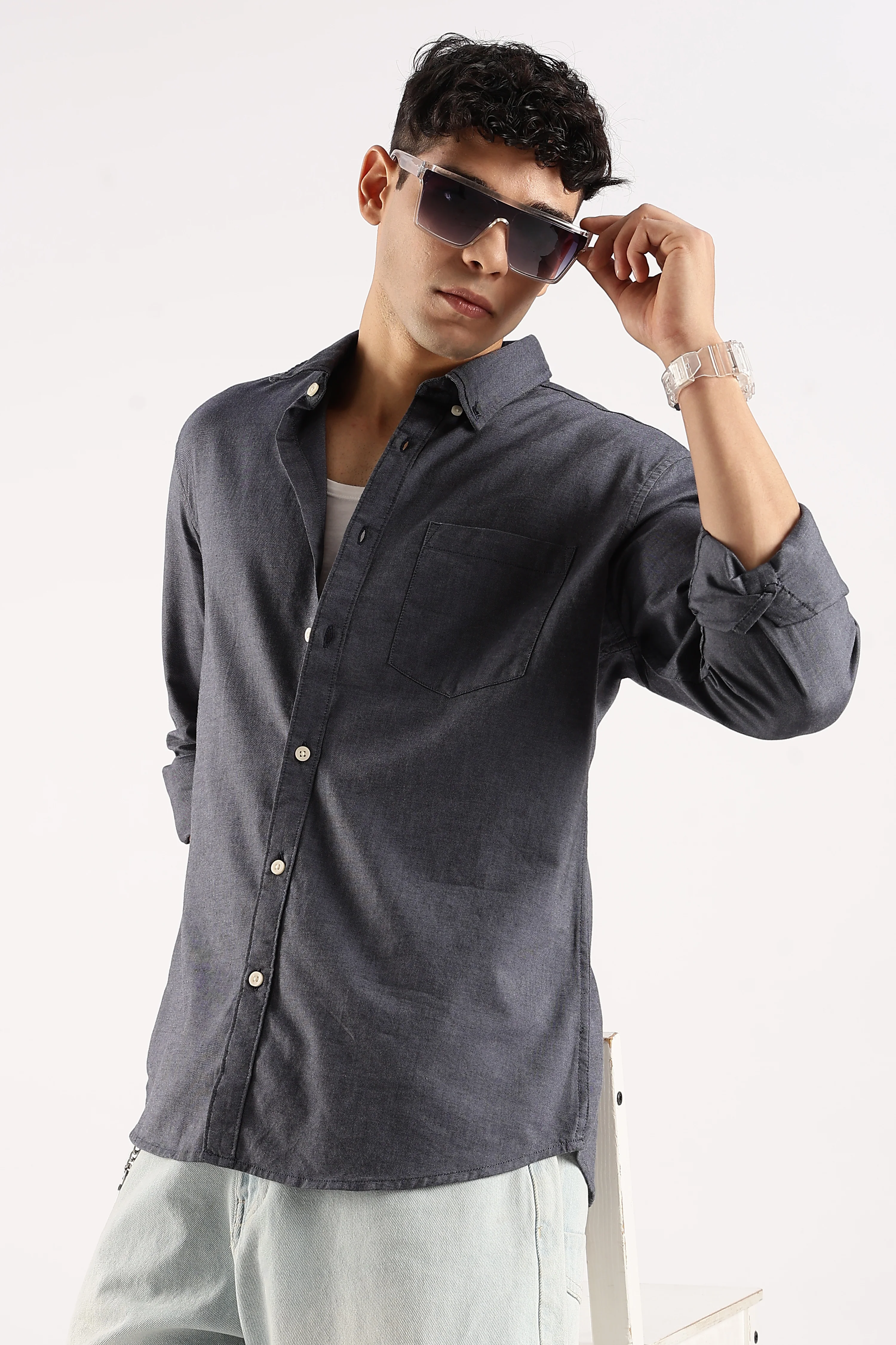 Men Navy Blue Cotton Oxford Shirt - Image 6
