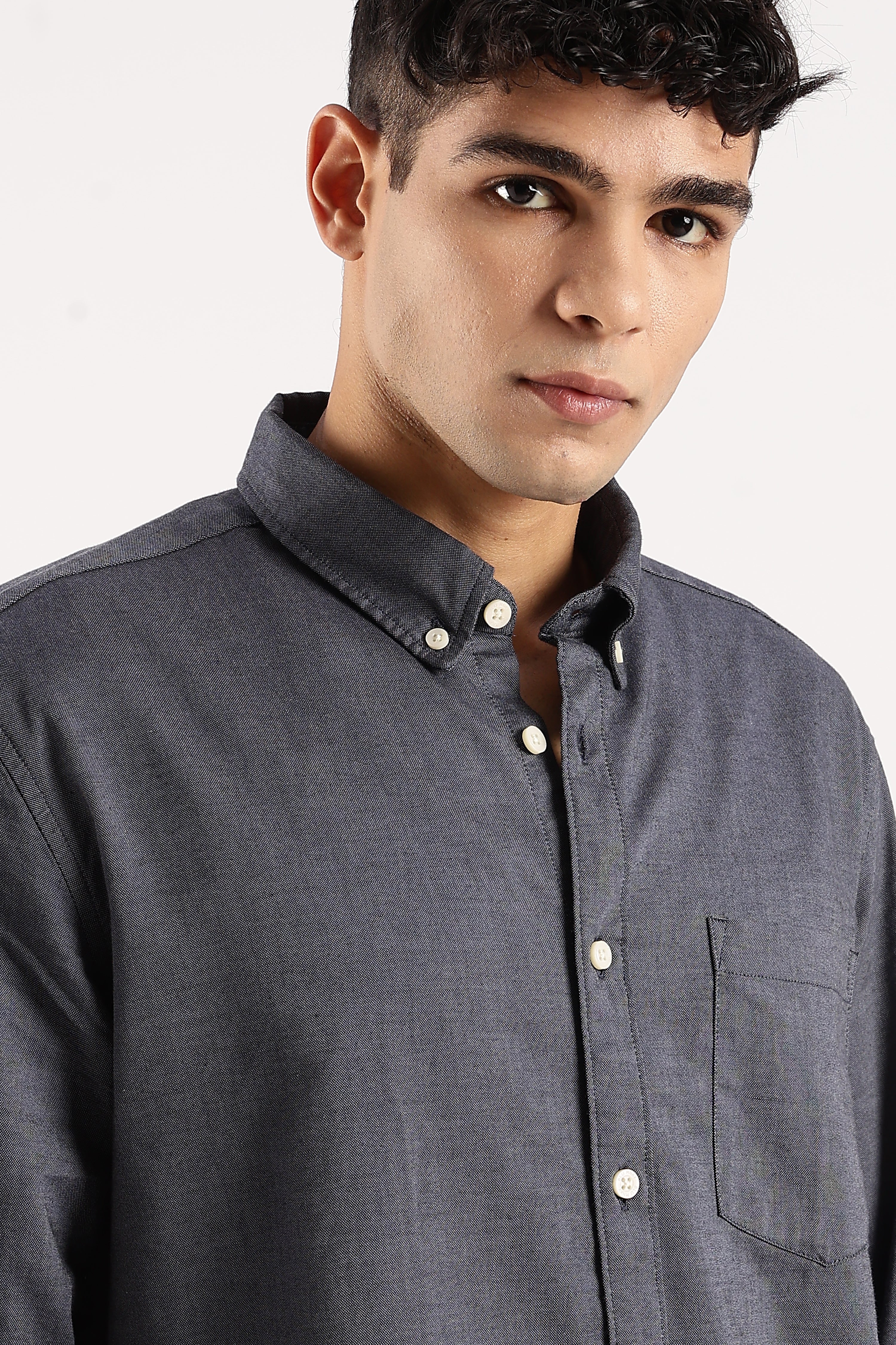 Men Navy Blue Cotton Oxford Shirt - Image 7