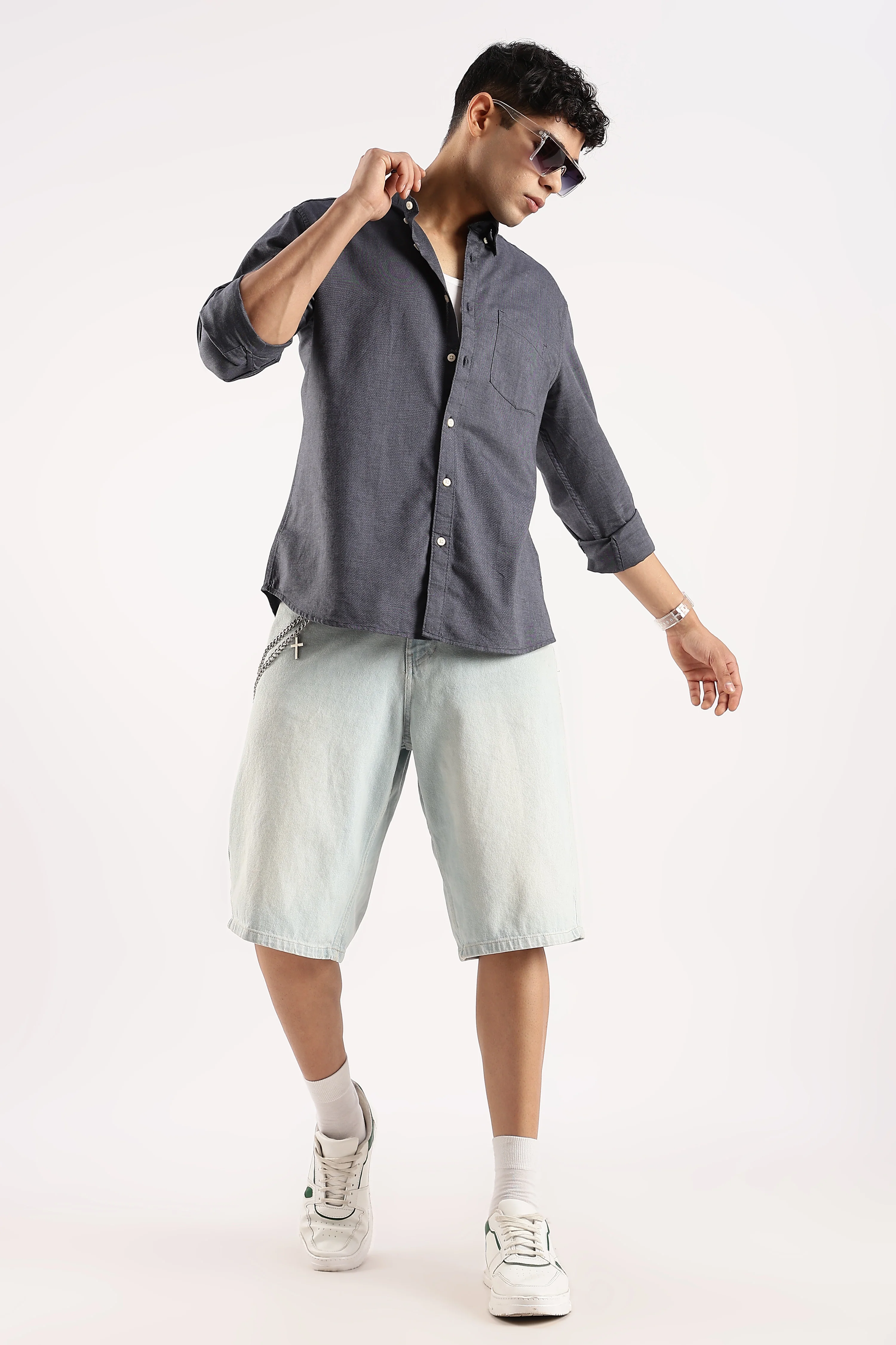 Men Navy Blue Cotton Oxford Shirt - Image 8