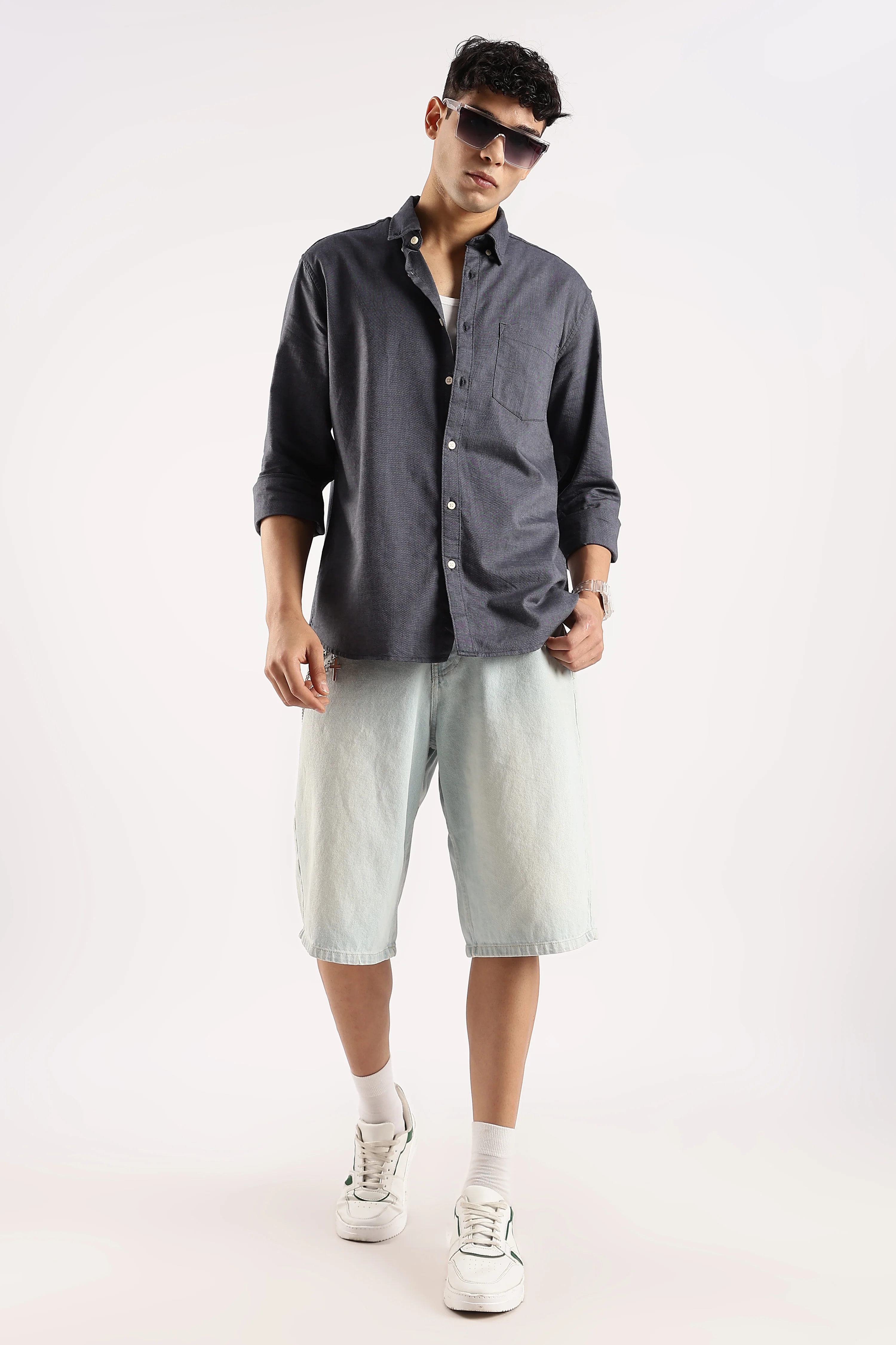 Men Navy Blue Cotton Oxford Shirt - Image 9