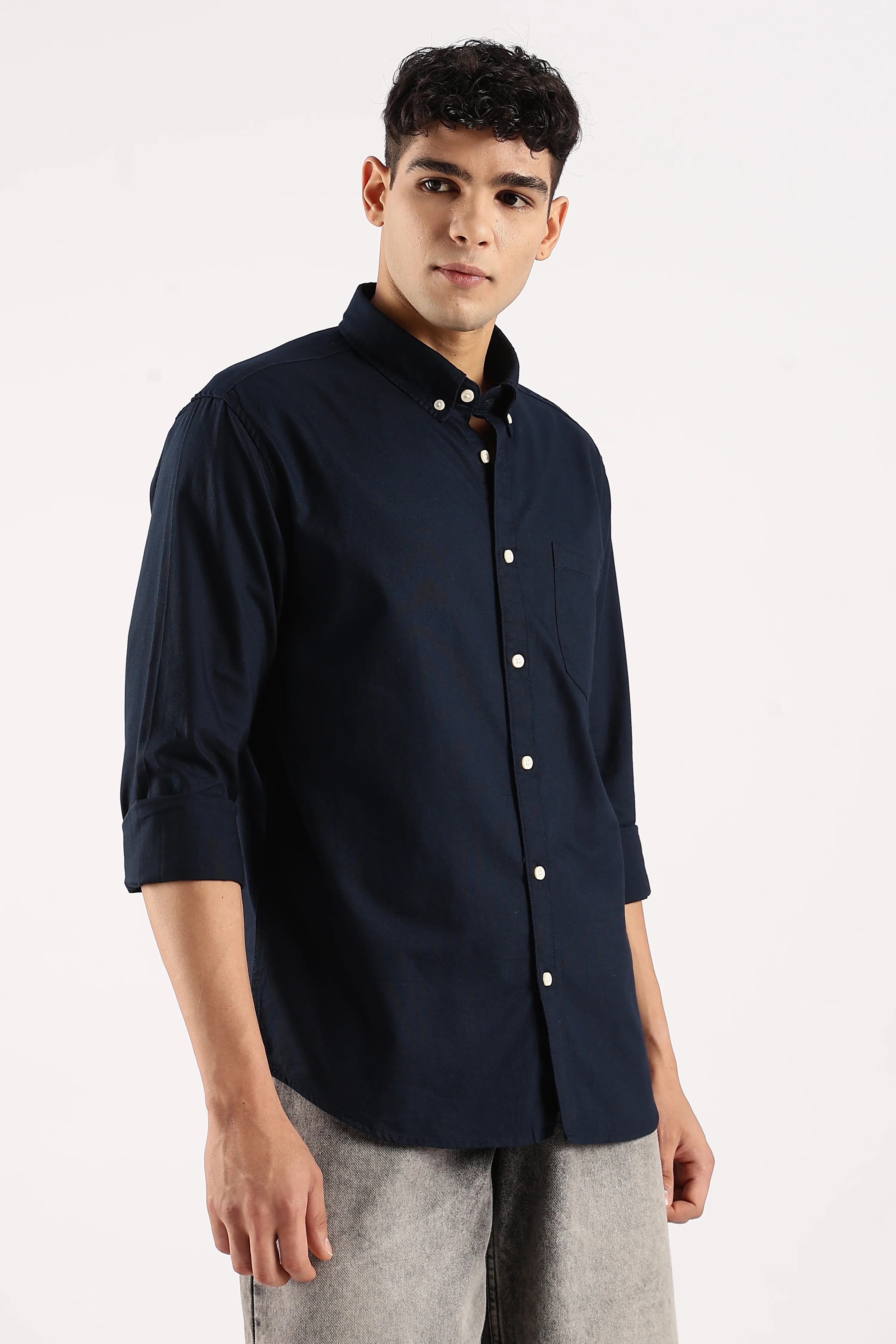 Men Navy Blue Cotton Oxford Shirt - Image 2