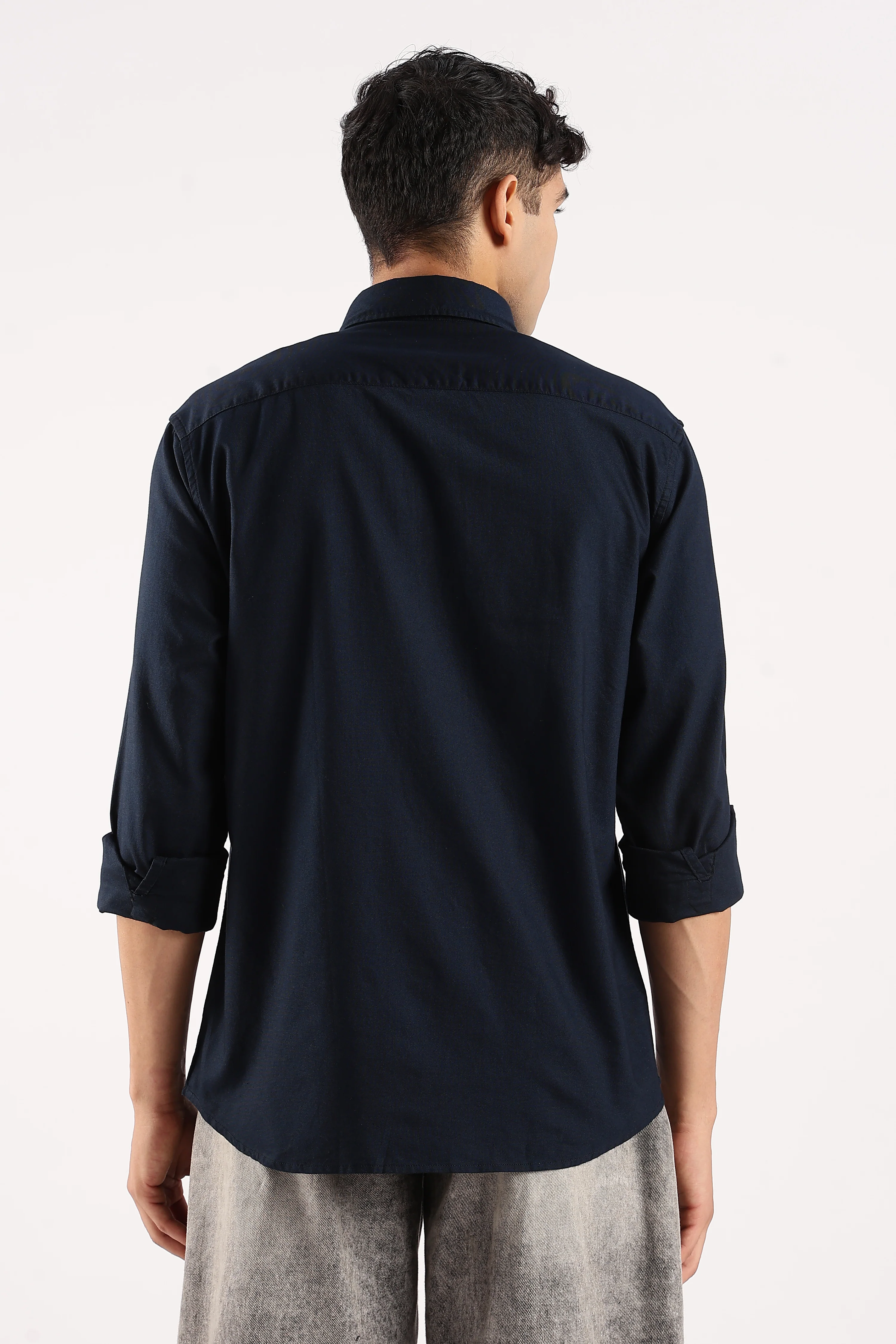 Men Navy Blue Cotton Oxford Shirt - Image 3