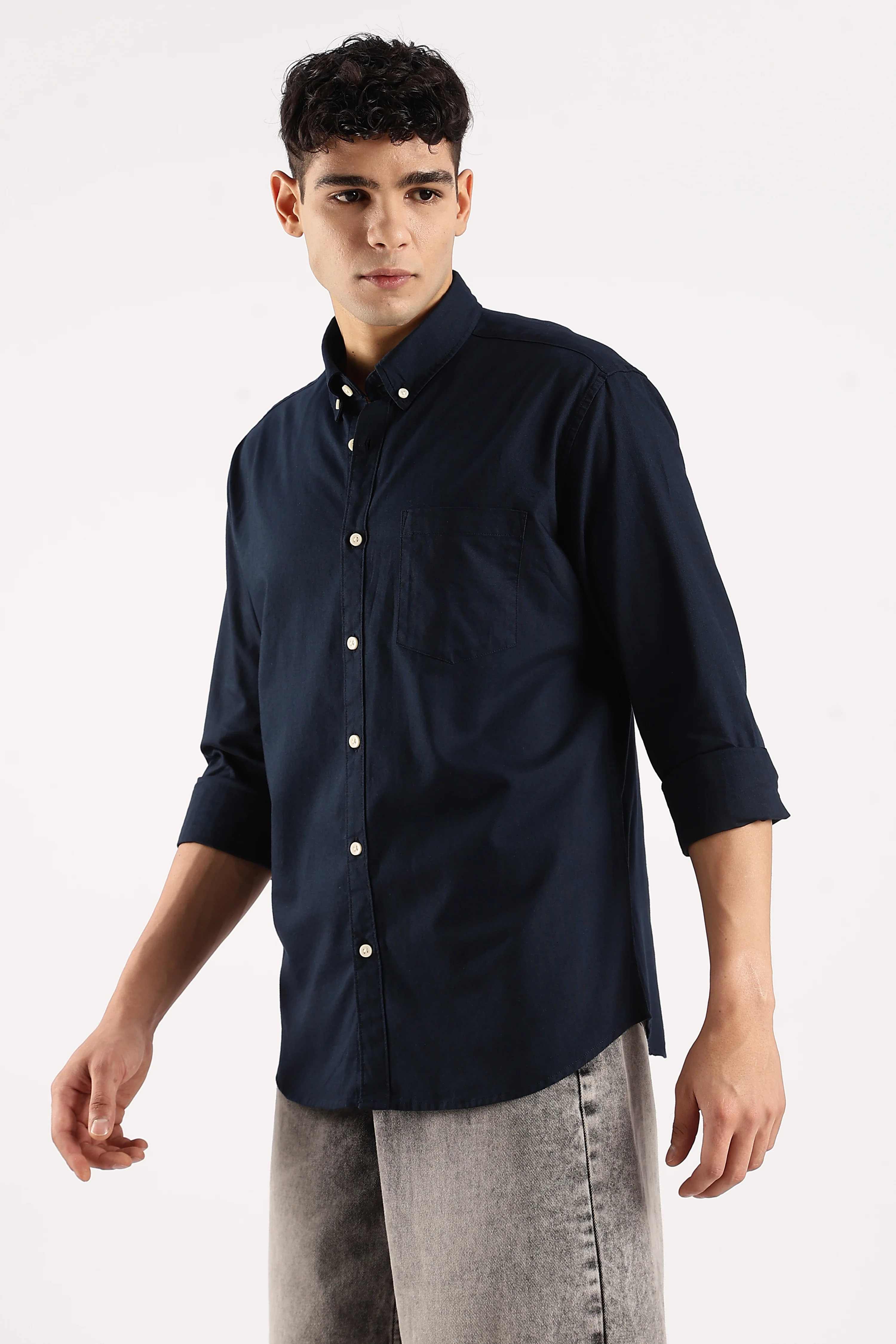 Men Navy Blue Cotton Oxford Shirt - Image 4