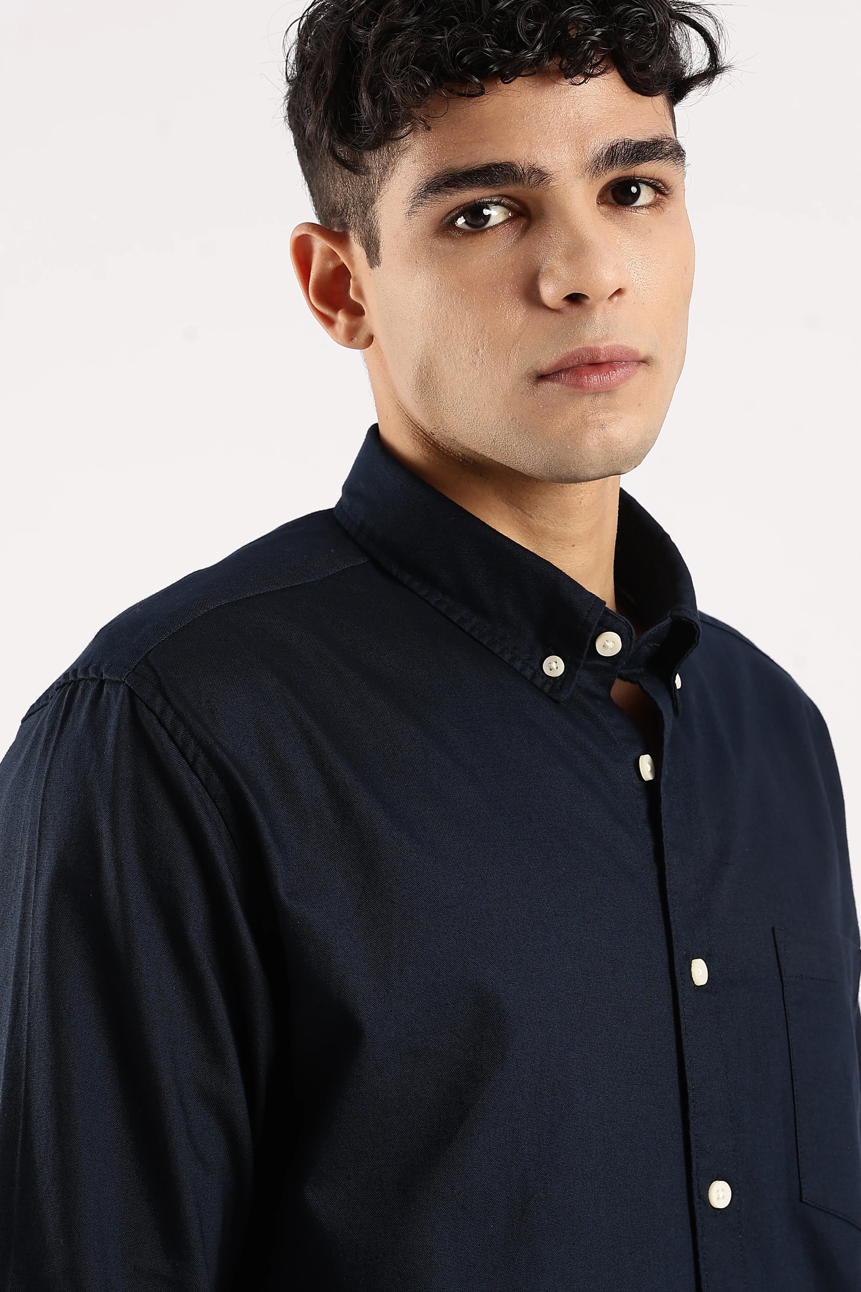 Men Navy Blue Cotton Oxford Shirt - Image 5