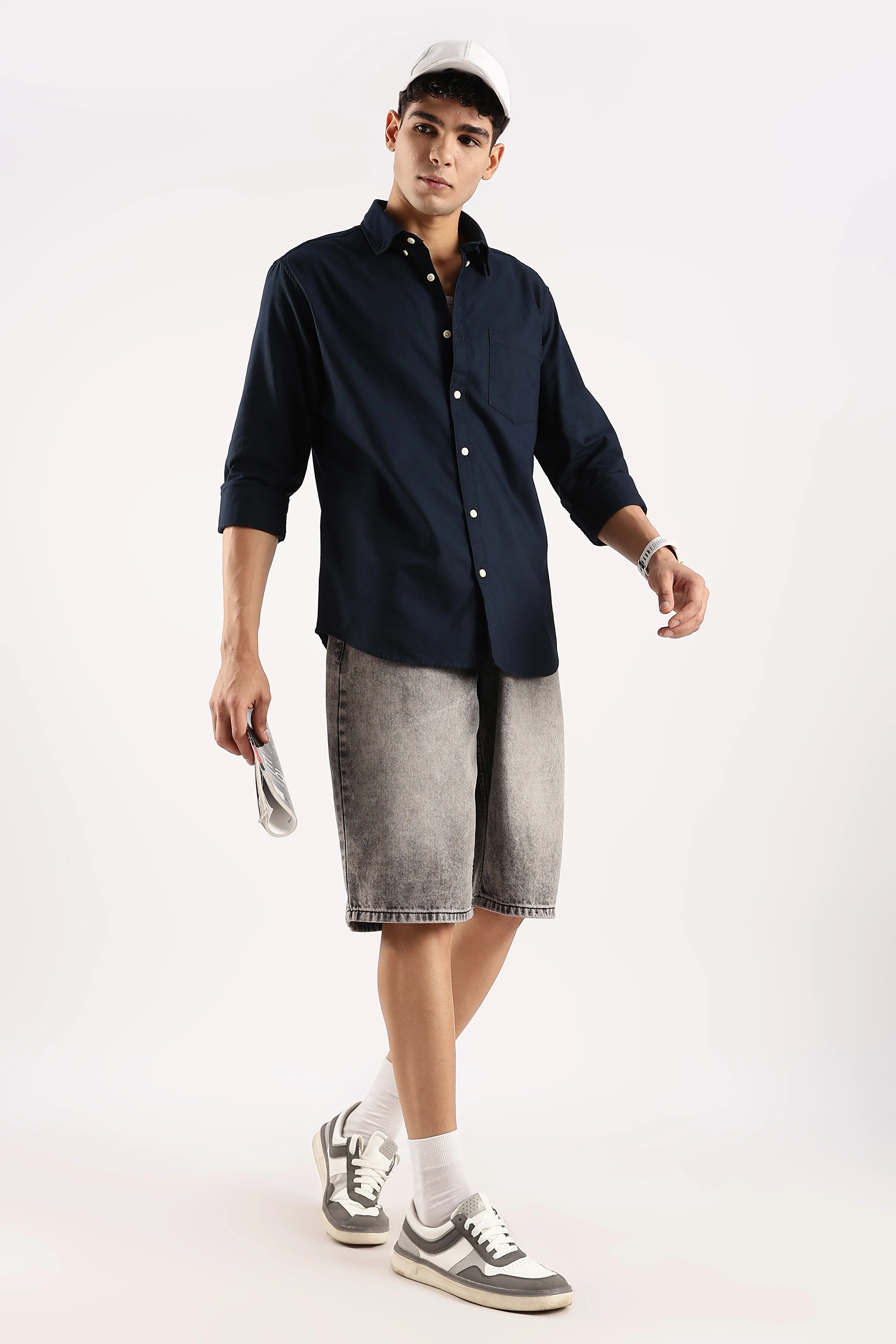 Men Navy Blue Cotton Oxford Shirt - Image 6