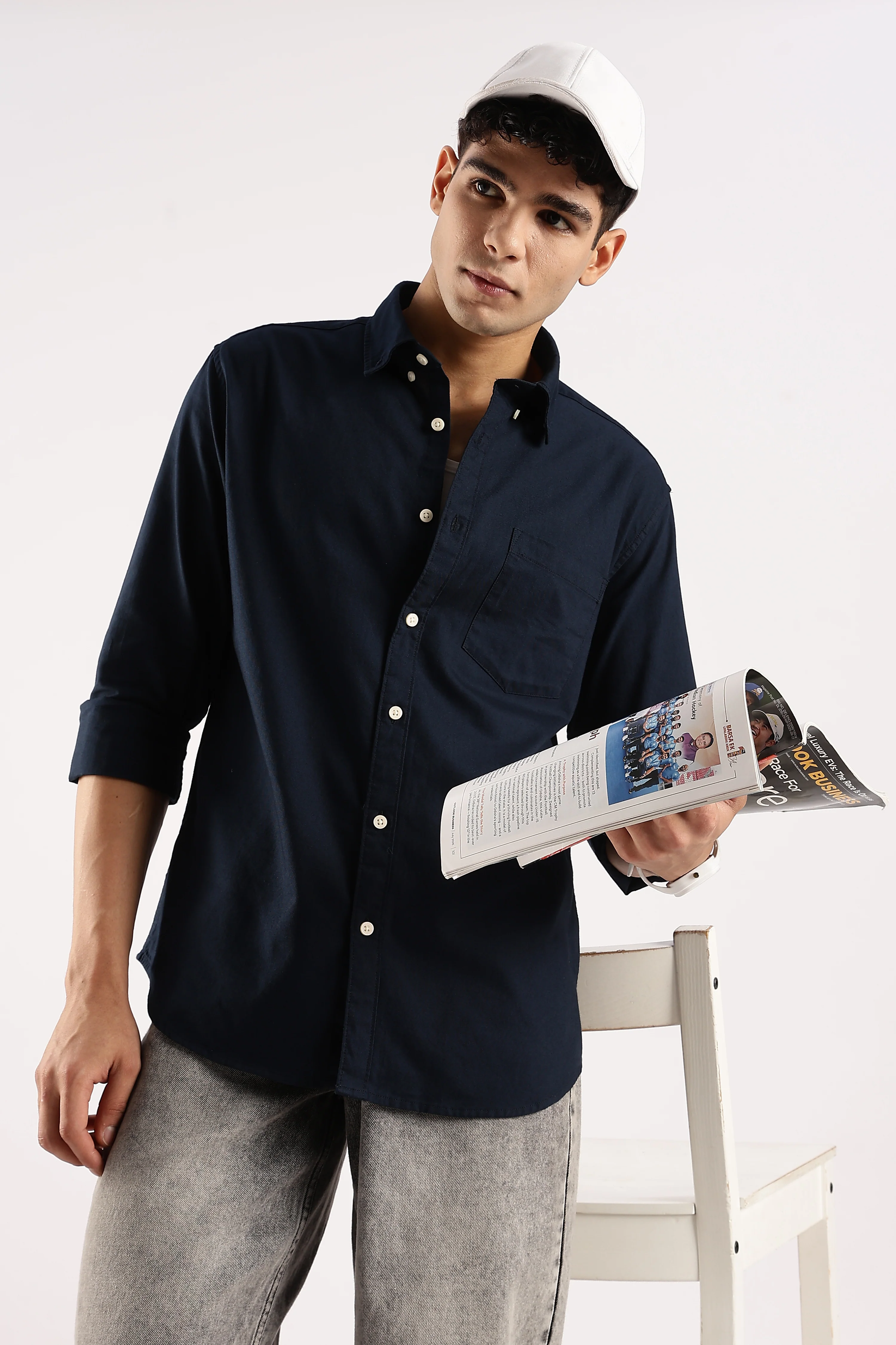 Men Navy Blue Cotton Oxford Shirt - Image 7