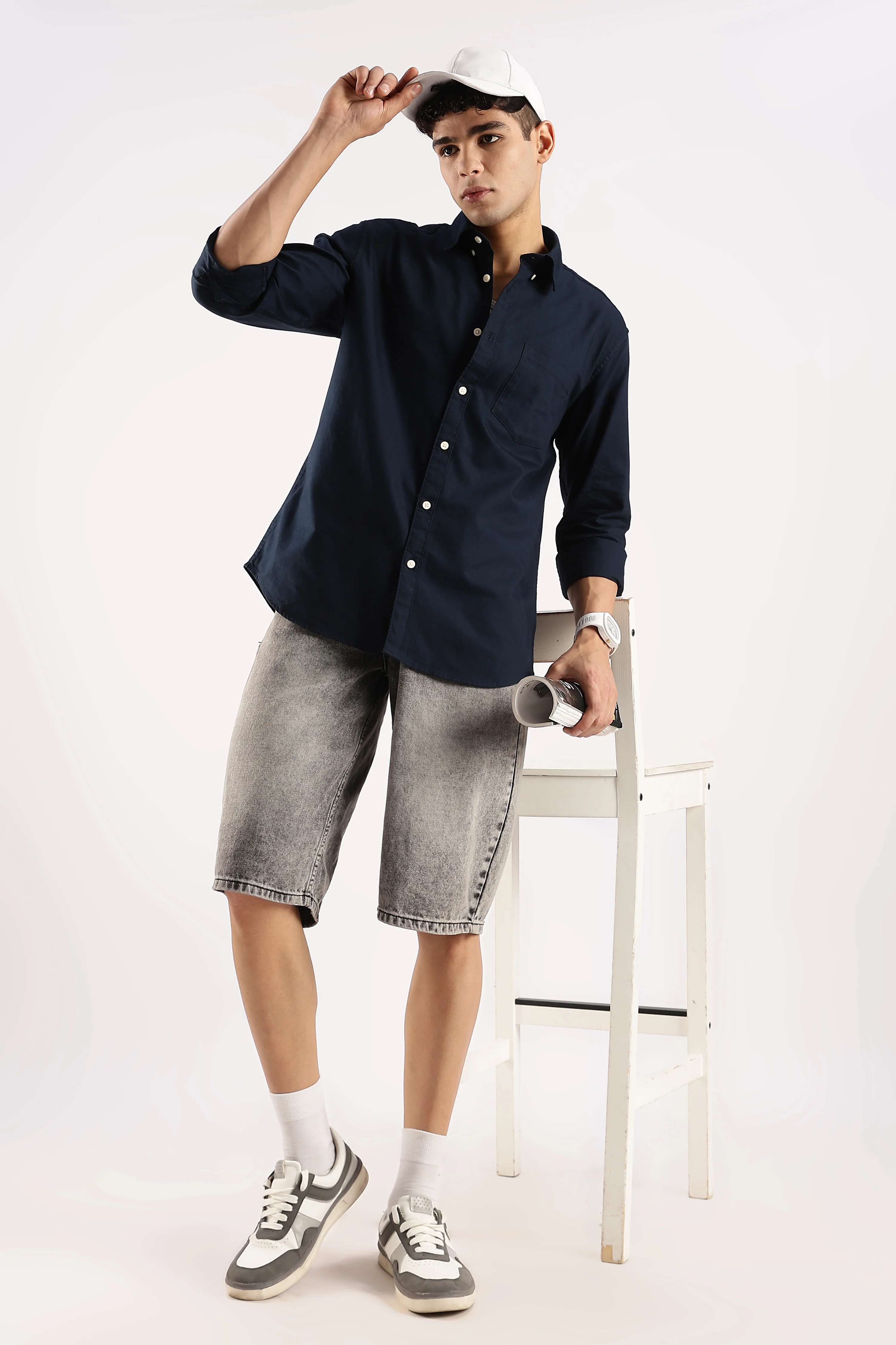 Men Navy Blue Cotton Oxford Shirt - Image 9