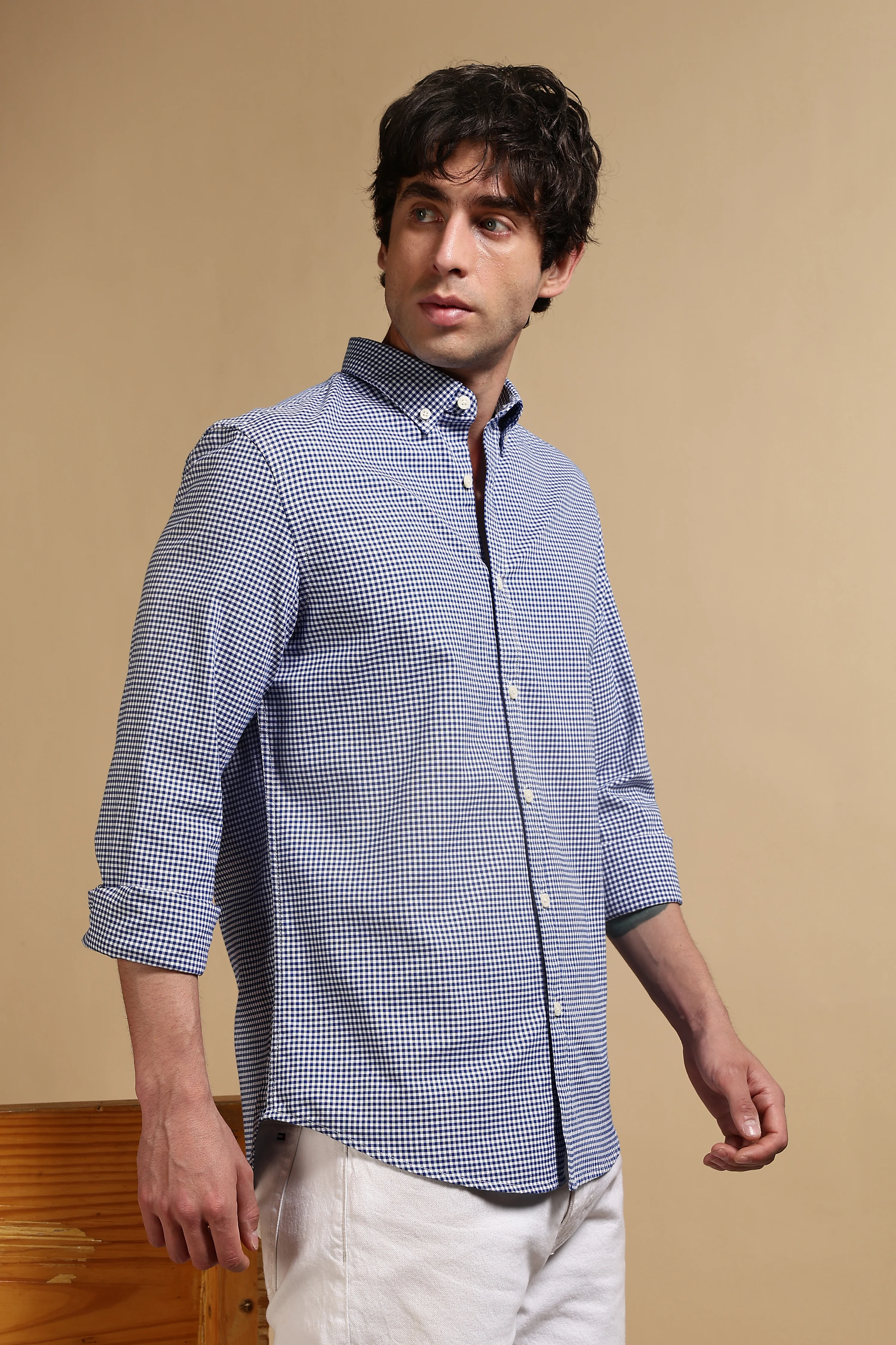 Men Navy Blue Cotton Oxford Slim Fit Mini Checks Shirt - Image 3