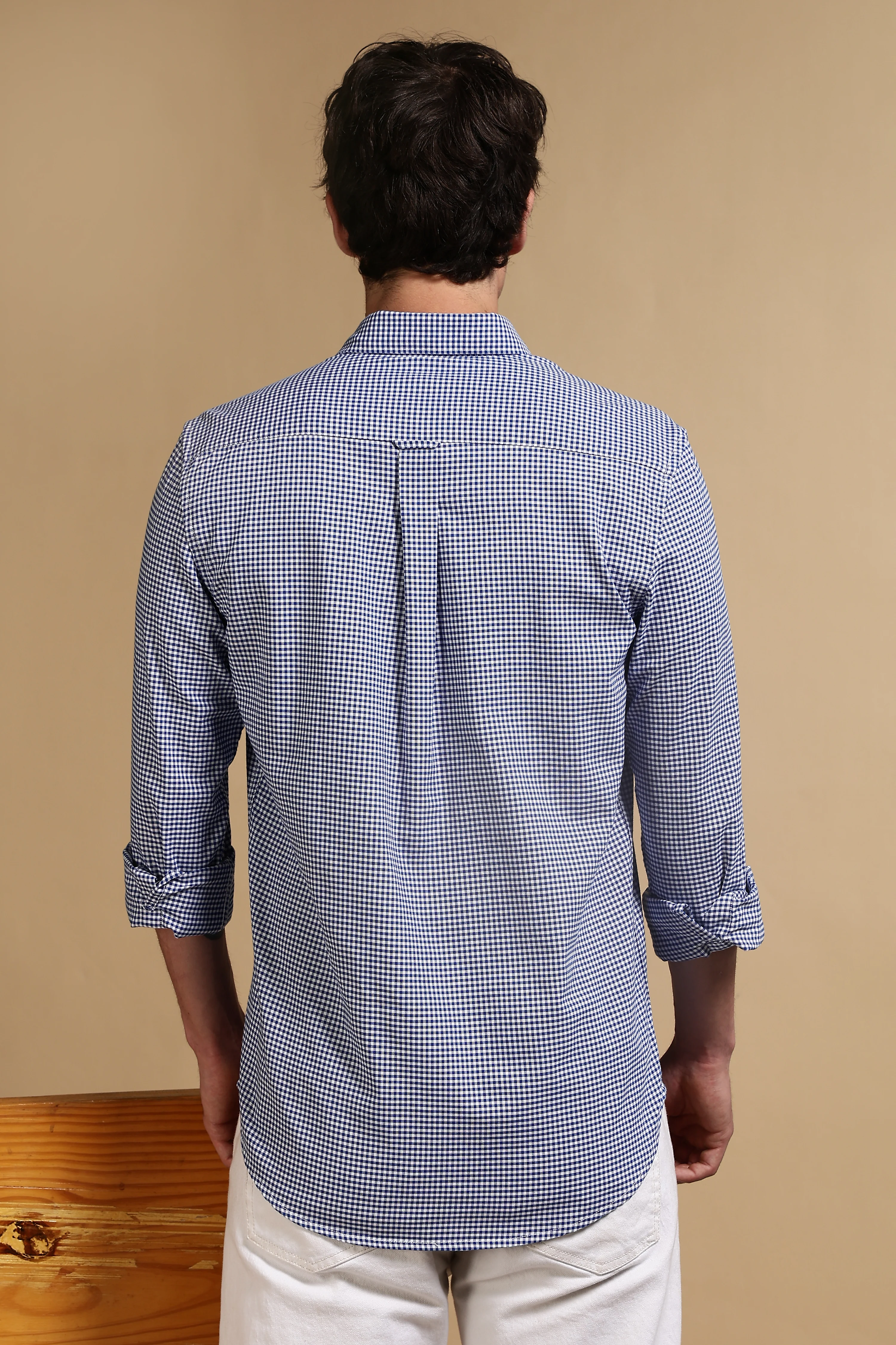 Men Navy Blue Cotton Oxford Slim Fit Mini Checks Shirt - Image 4