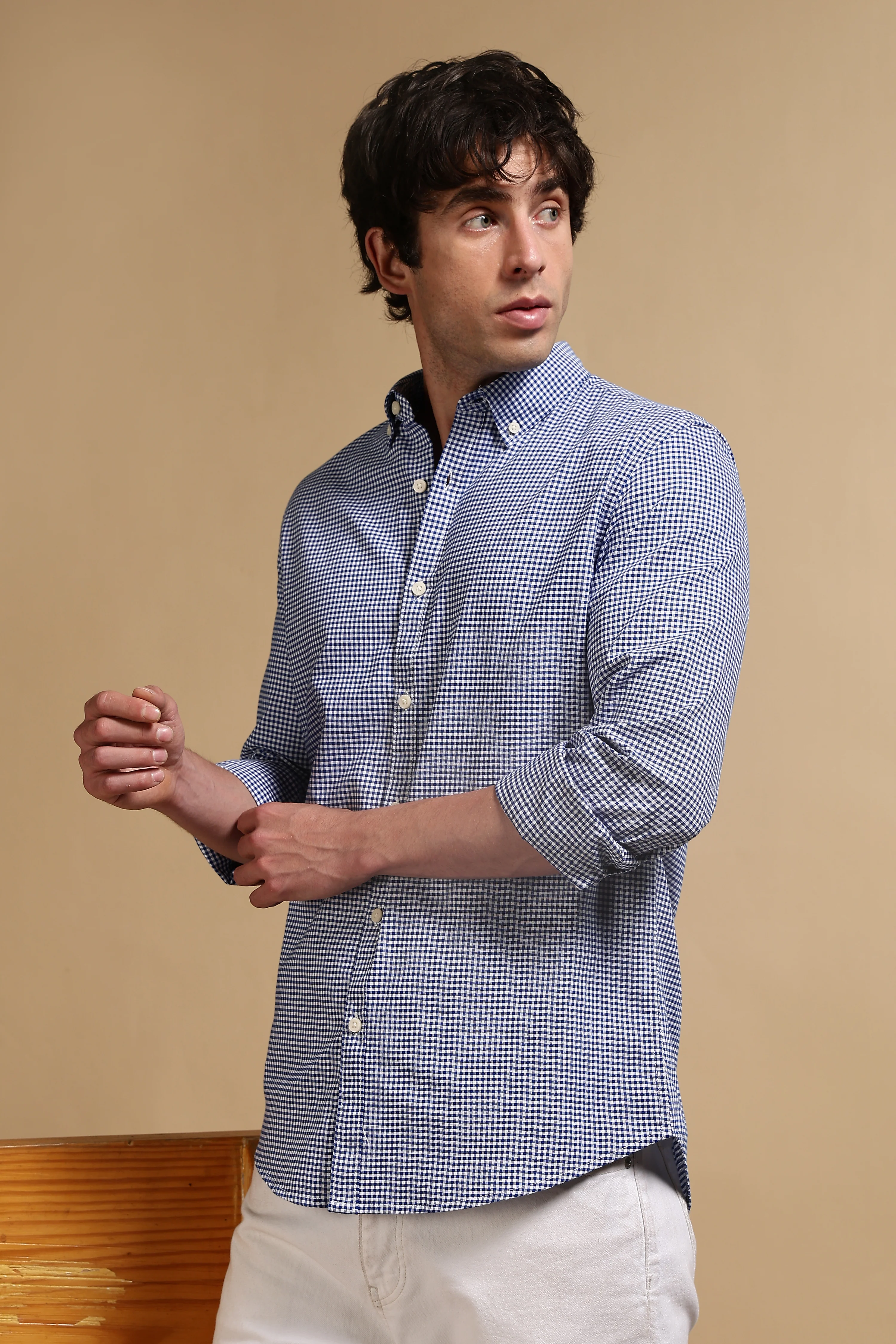 Men Navy Blue Cotton Oxford Slim Fit Mini Checks Shirt - Image 5