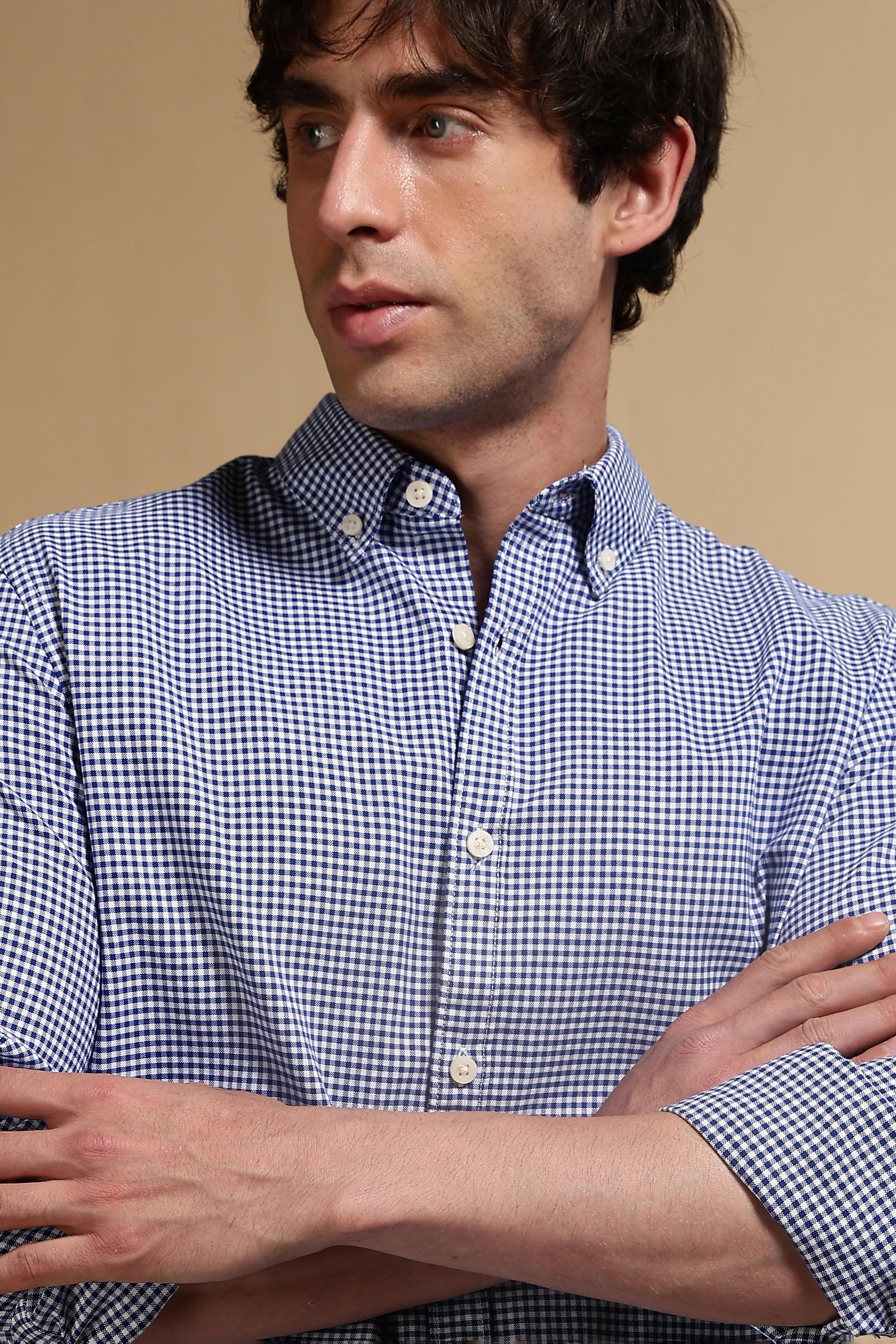 Men Navy Blue Cotton Oxford Slim Fit Mini Checks Shirt - Image 6