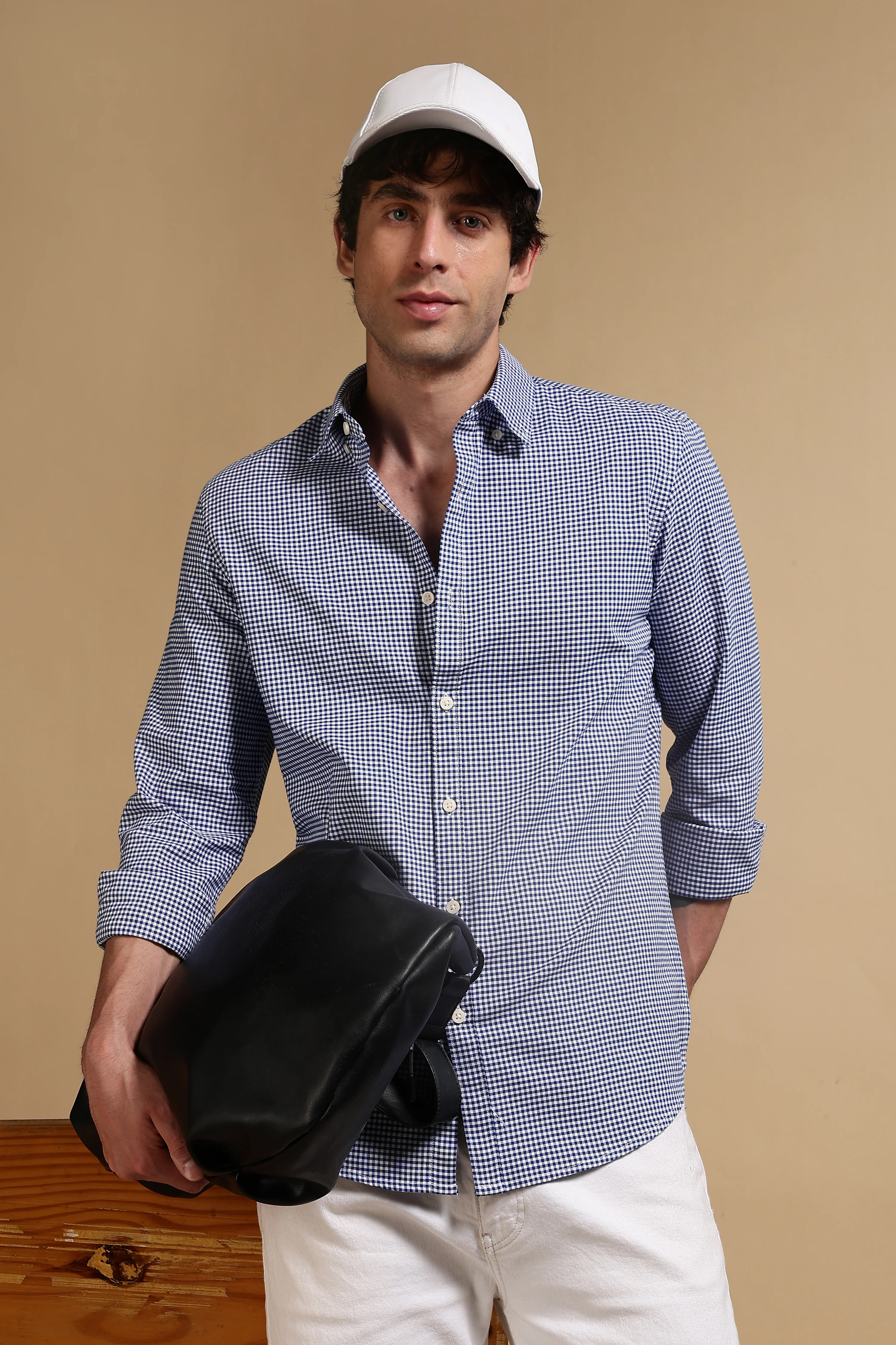 Men Navy Blue Cotton Oxford Slim Fit Mini Checks Shirt - Image 9