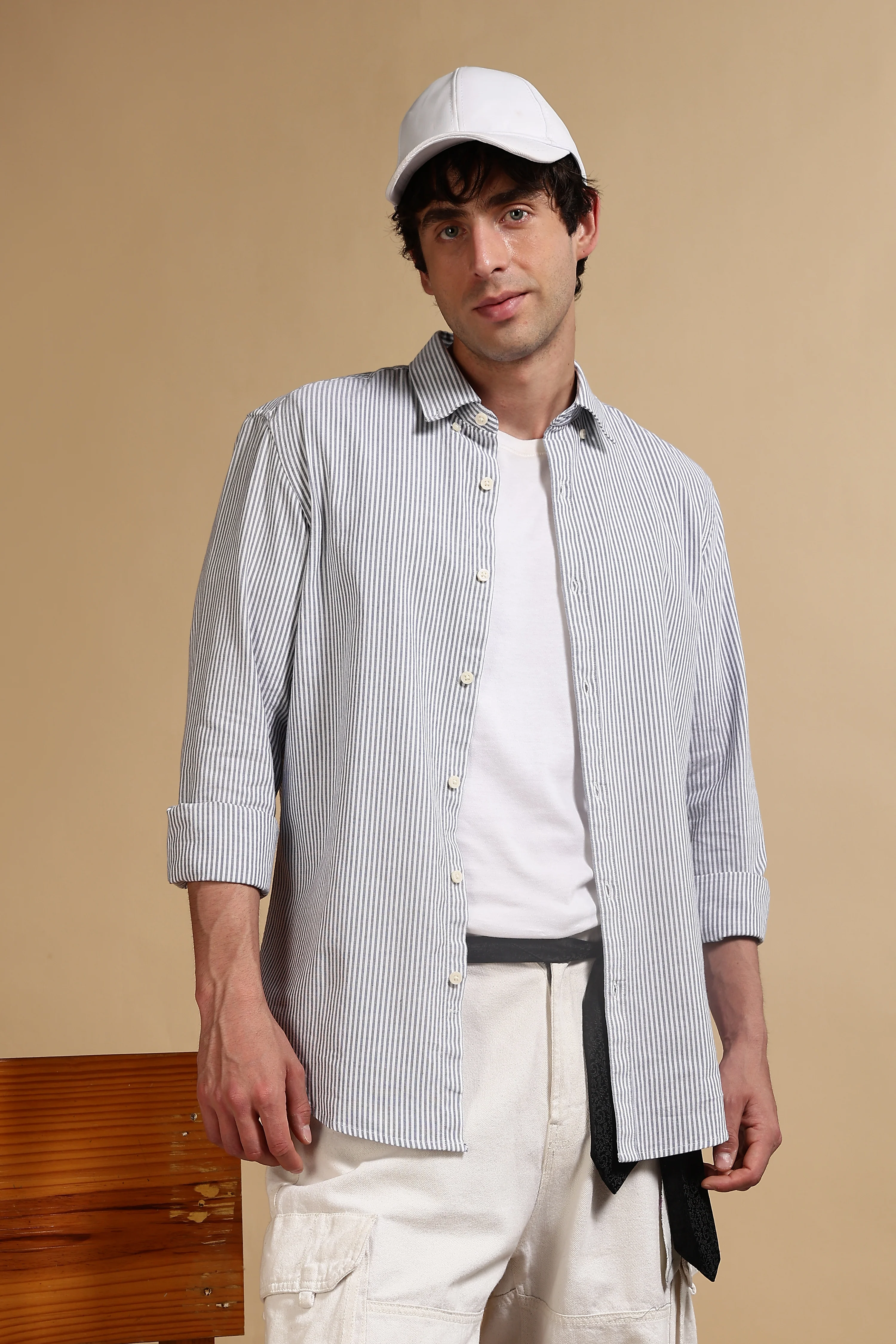 Men Navy Blue Cotton Oxford Slim Fit Striped Shirt - Image 10