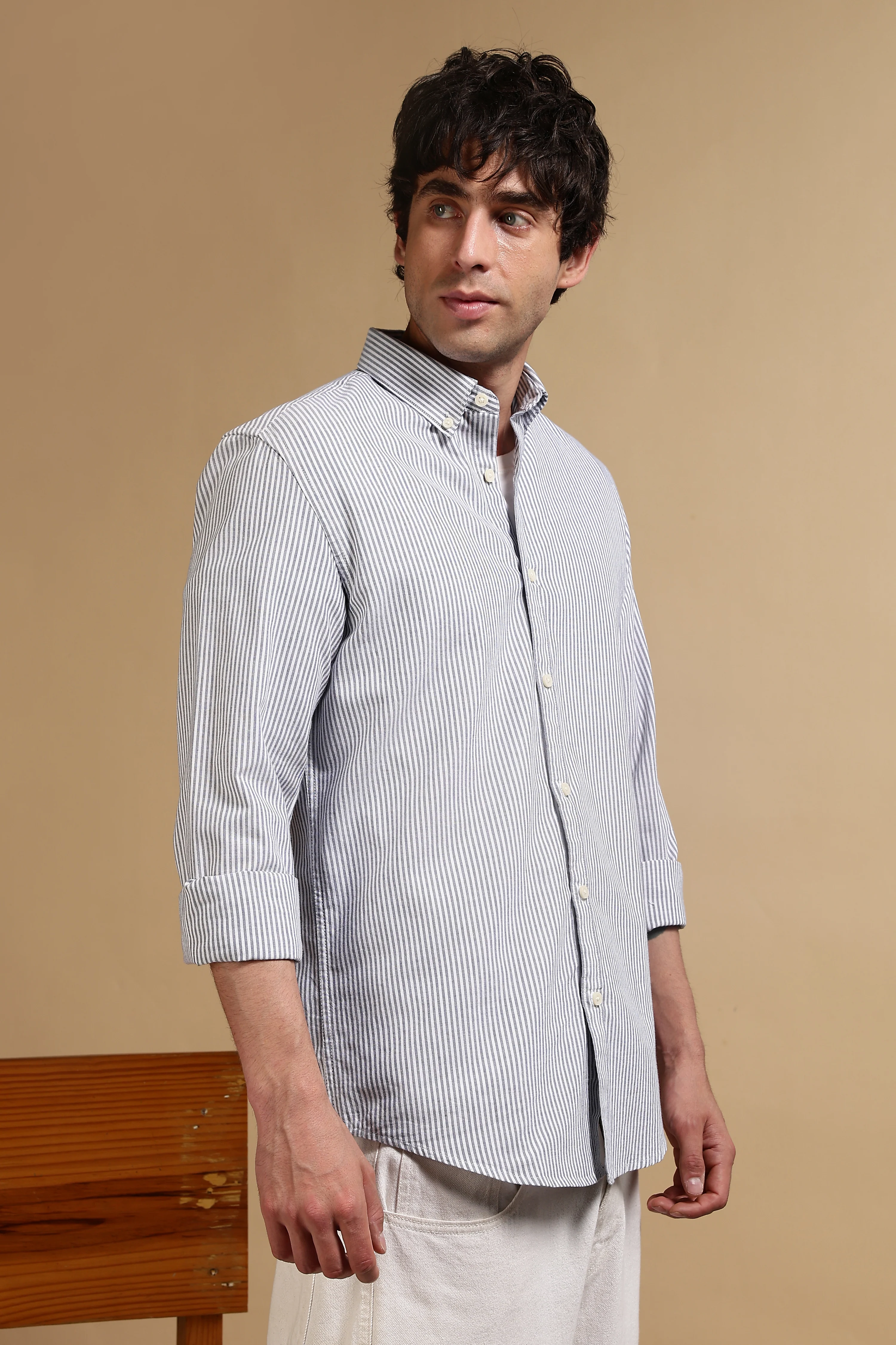 Men Navy Blue Cotton Oxford Slim Fit Striped Shirt - Image 3