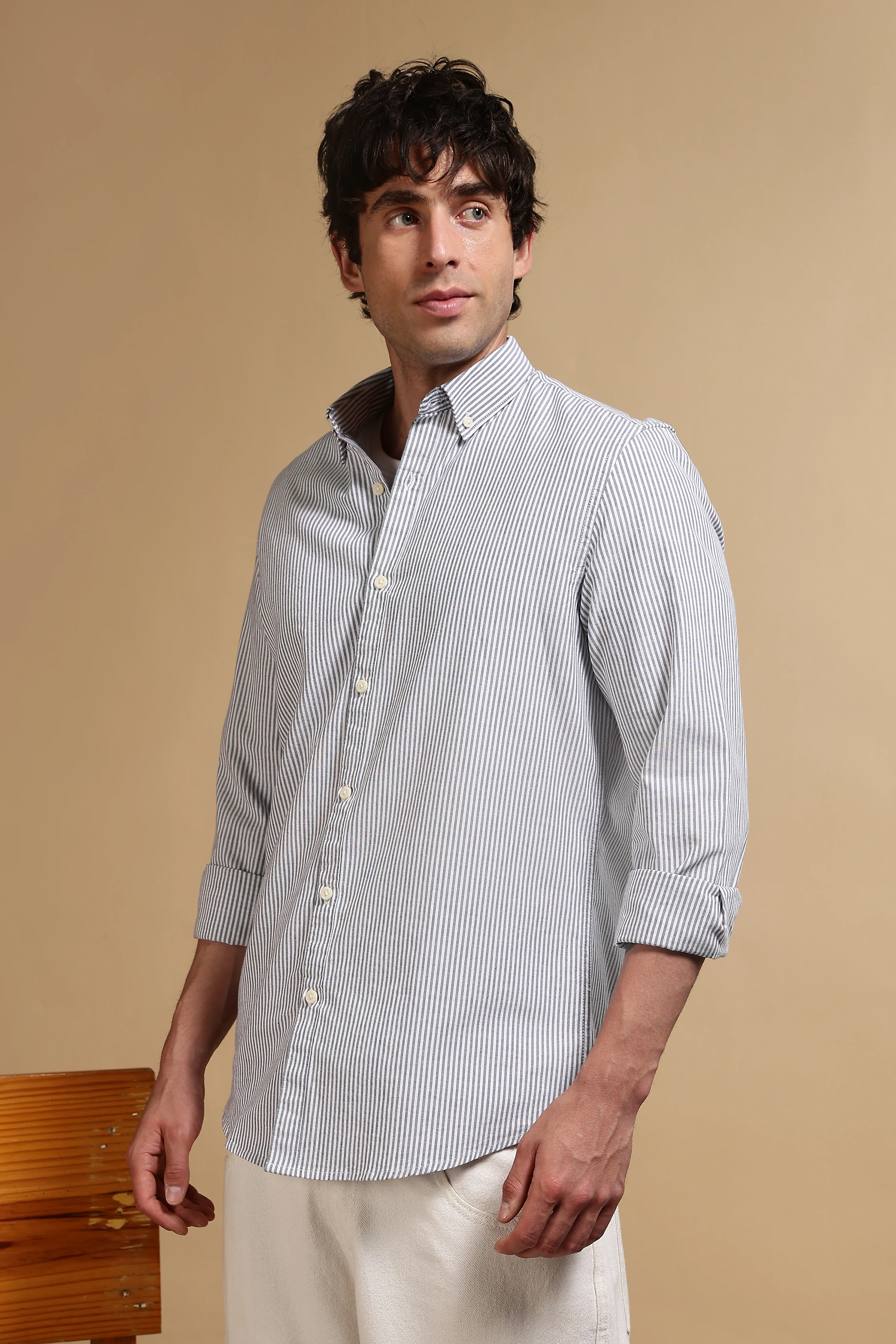 Men Navy Blue Cotton Oxford Slim Fit Striped Shirt - Image 5