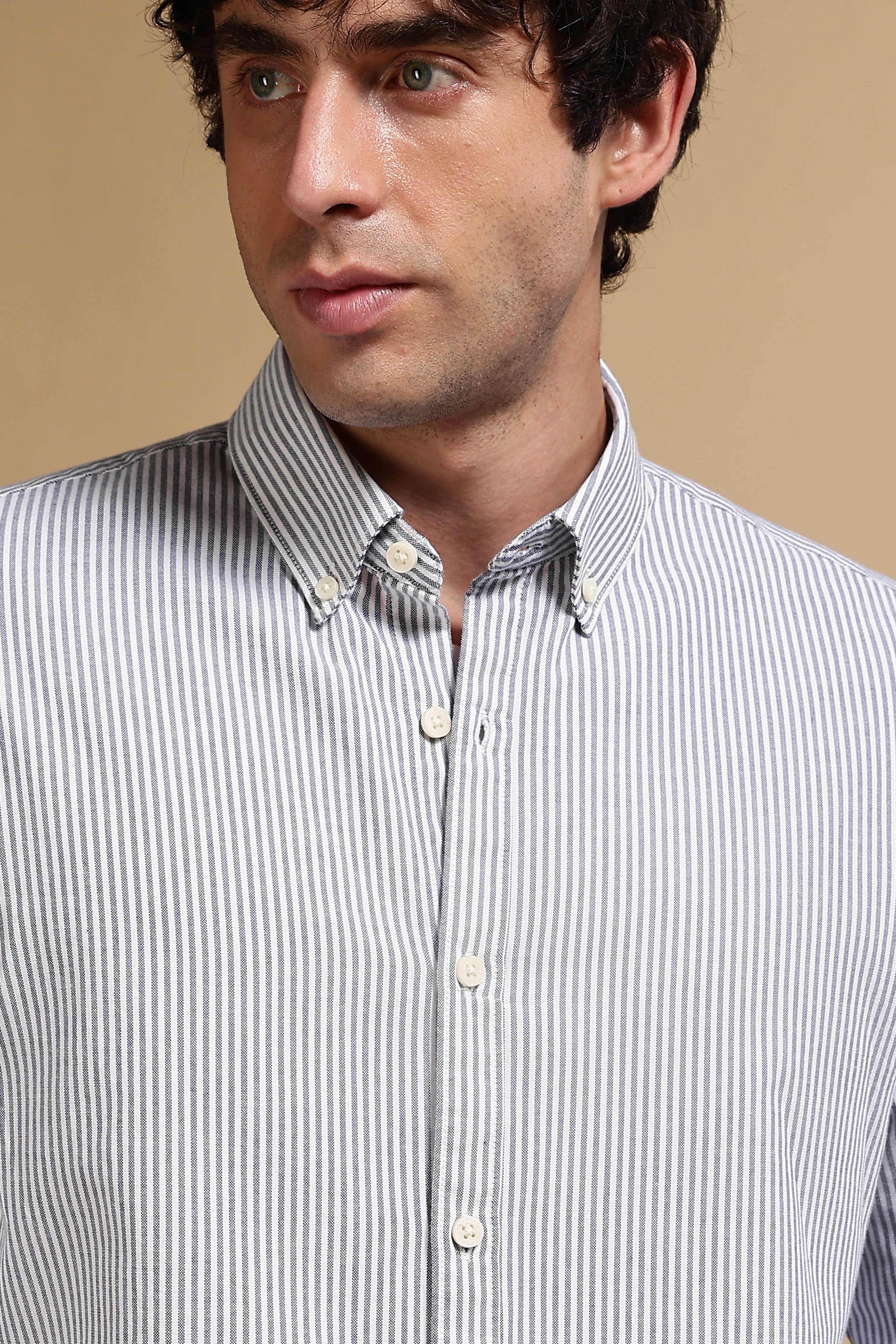 Men Navy Blue Cotton Oxford Slim Fit Striped Shirt - Image 6