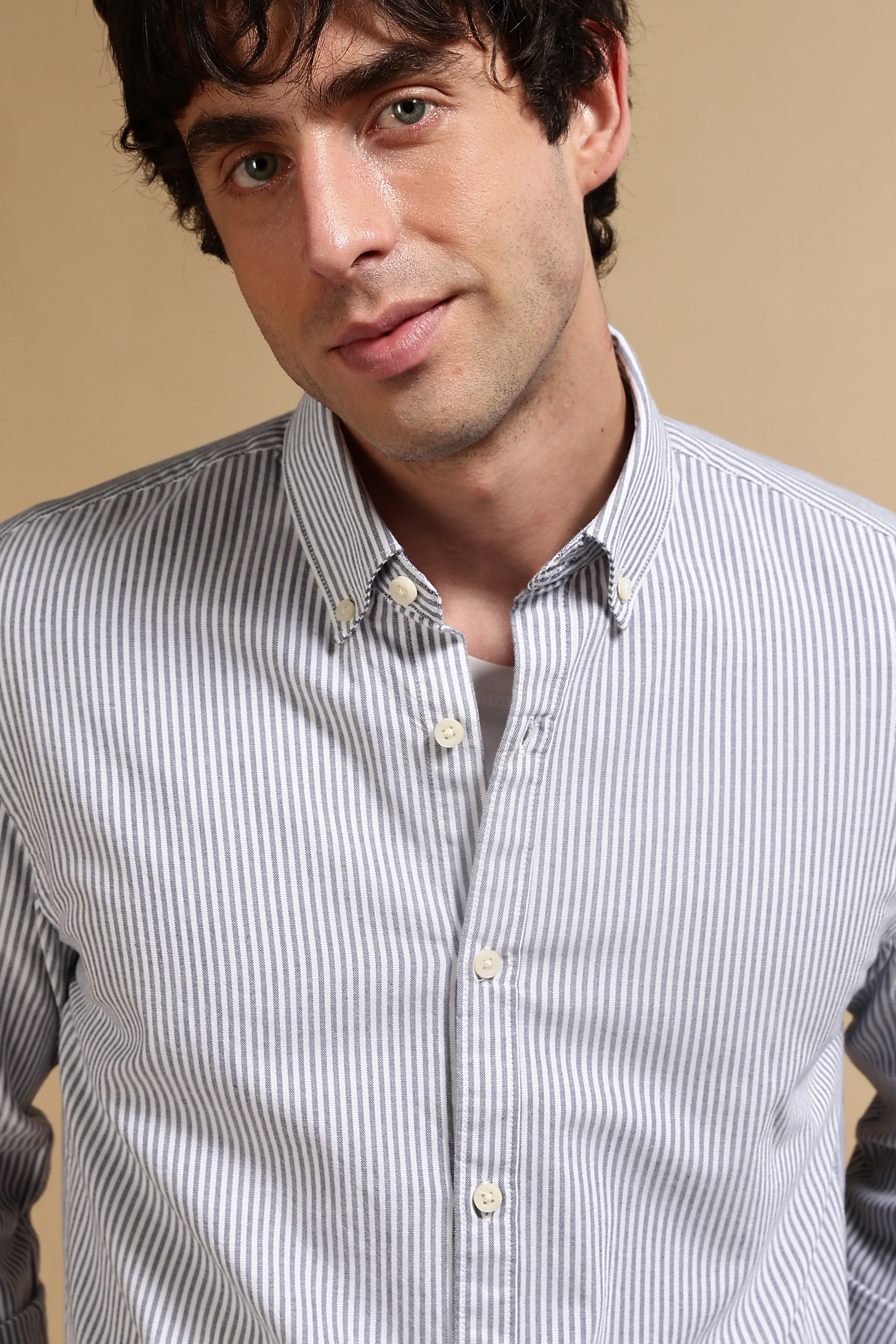 Men Navy Blue Cotton Oxford Slim Fit Striped Shirt - Image 7