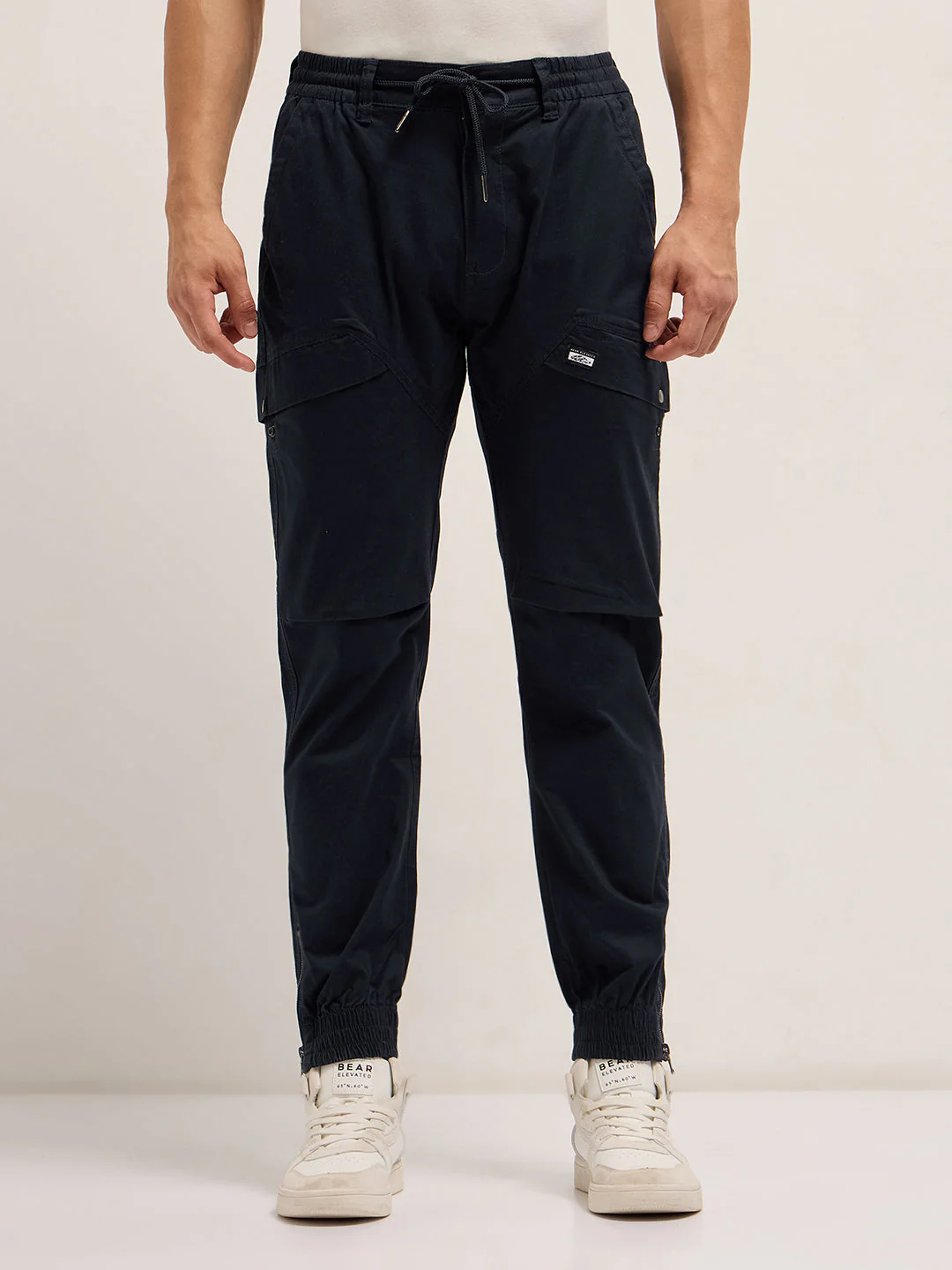 Men Navy Blue Cotton Relaxed Fit Cargo Pants - Image 5