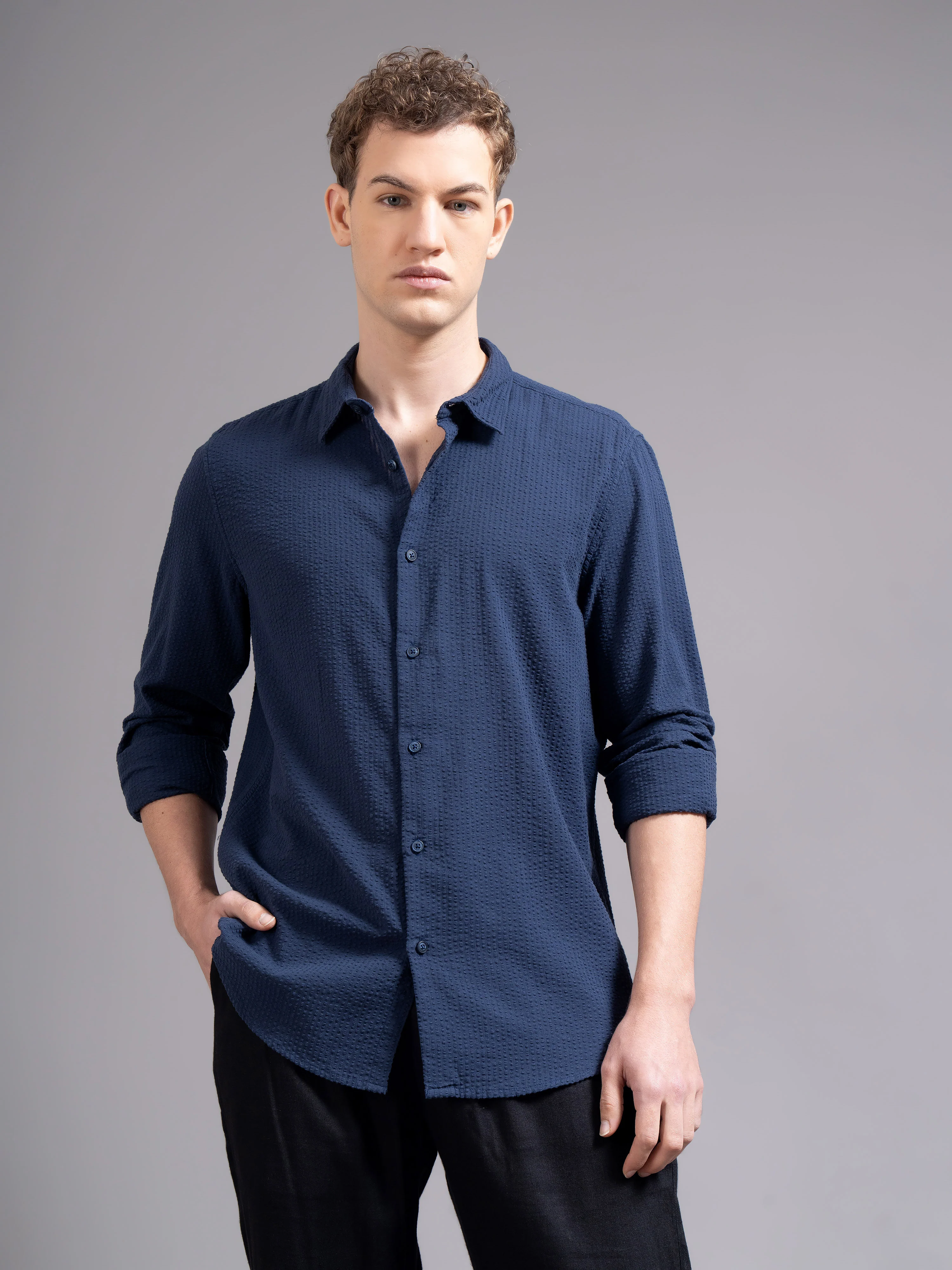 Men Navy Blue Cotton Shirt - Image 2