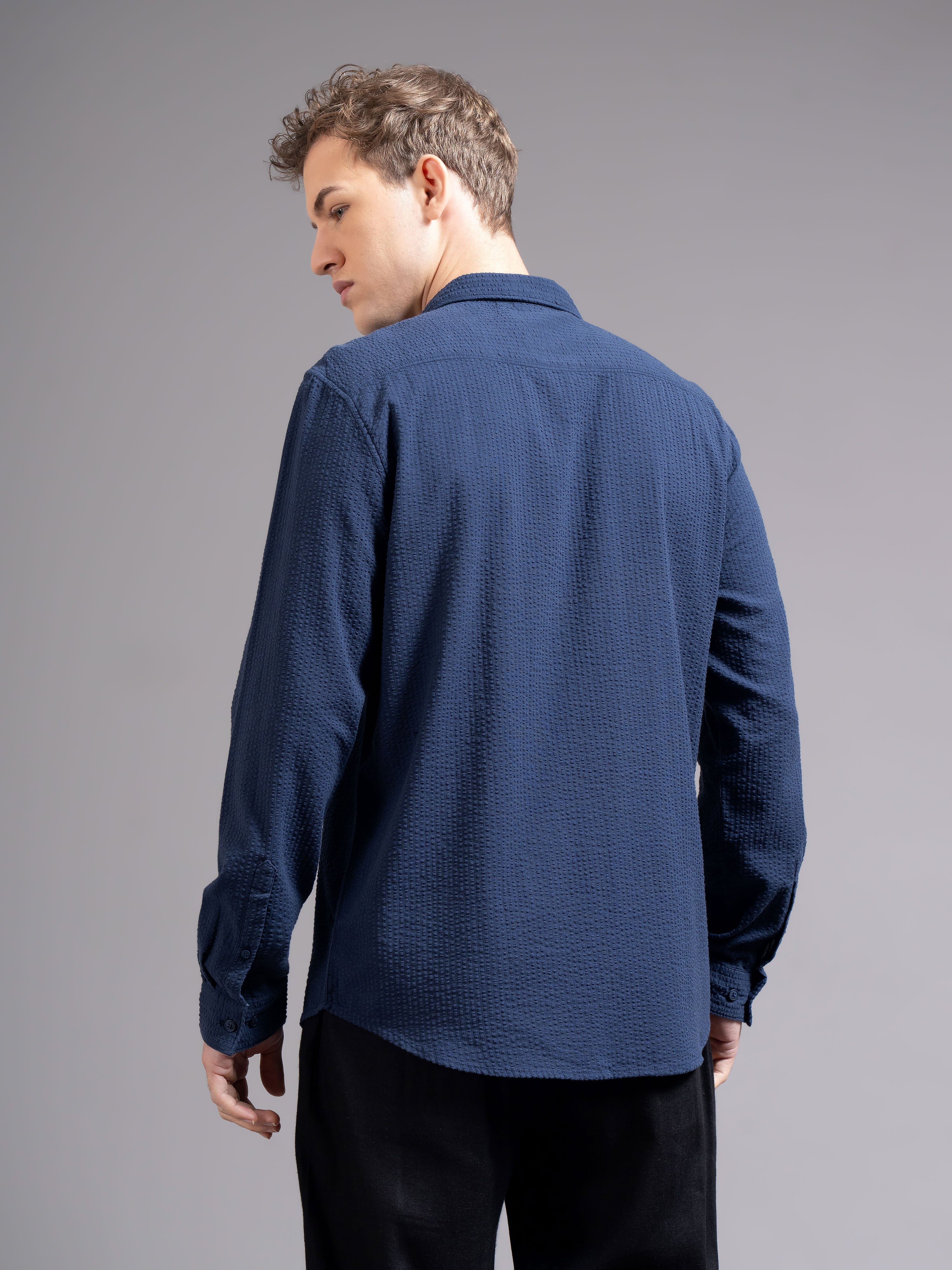 Men Navy Blue Cotton Shirt - Image 3