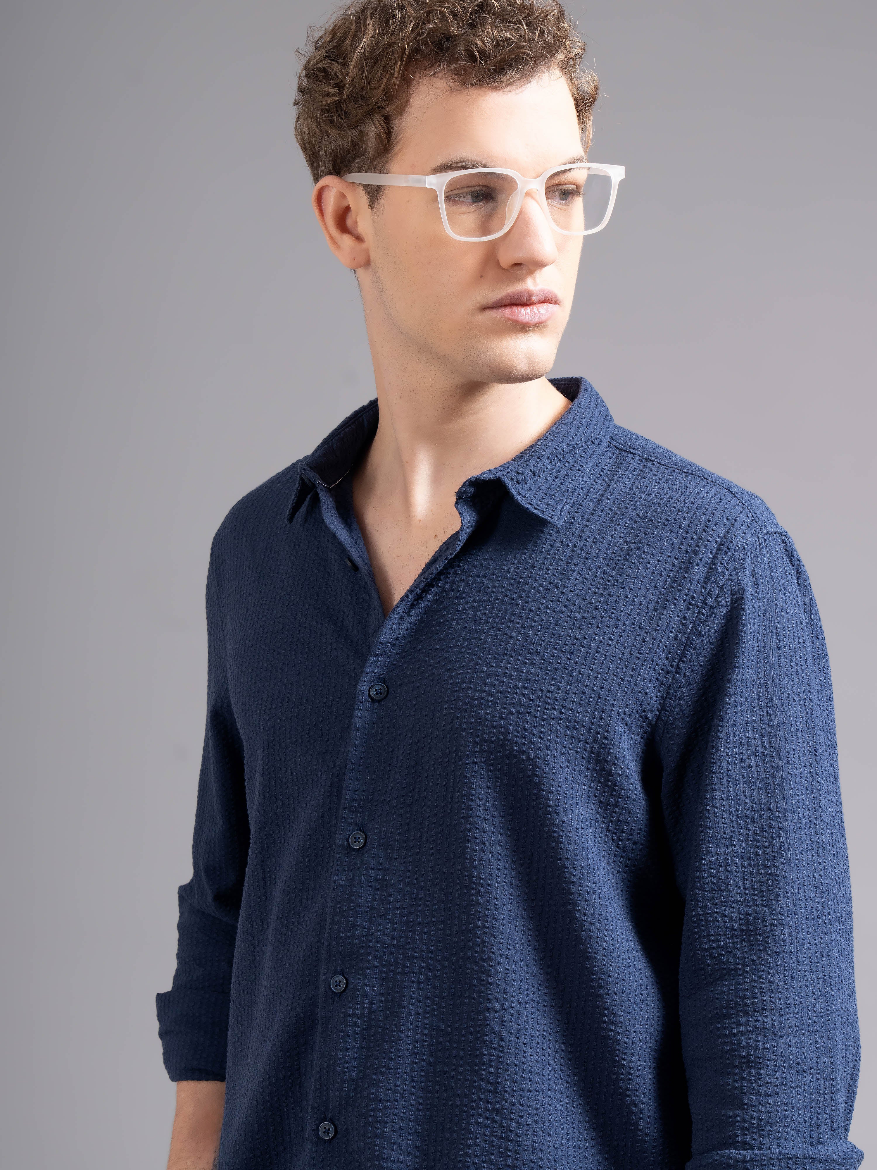 Men Navy Blue Cotton Shirt - Image 4