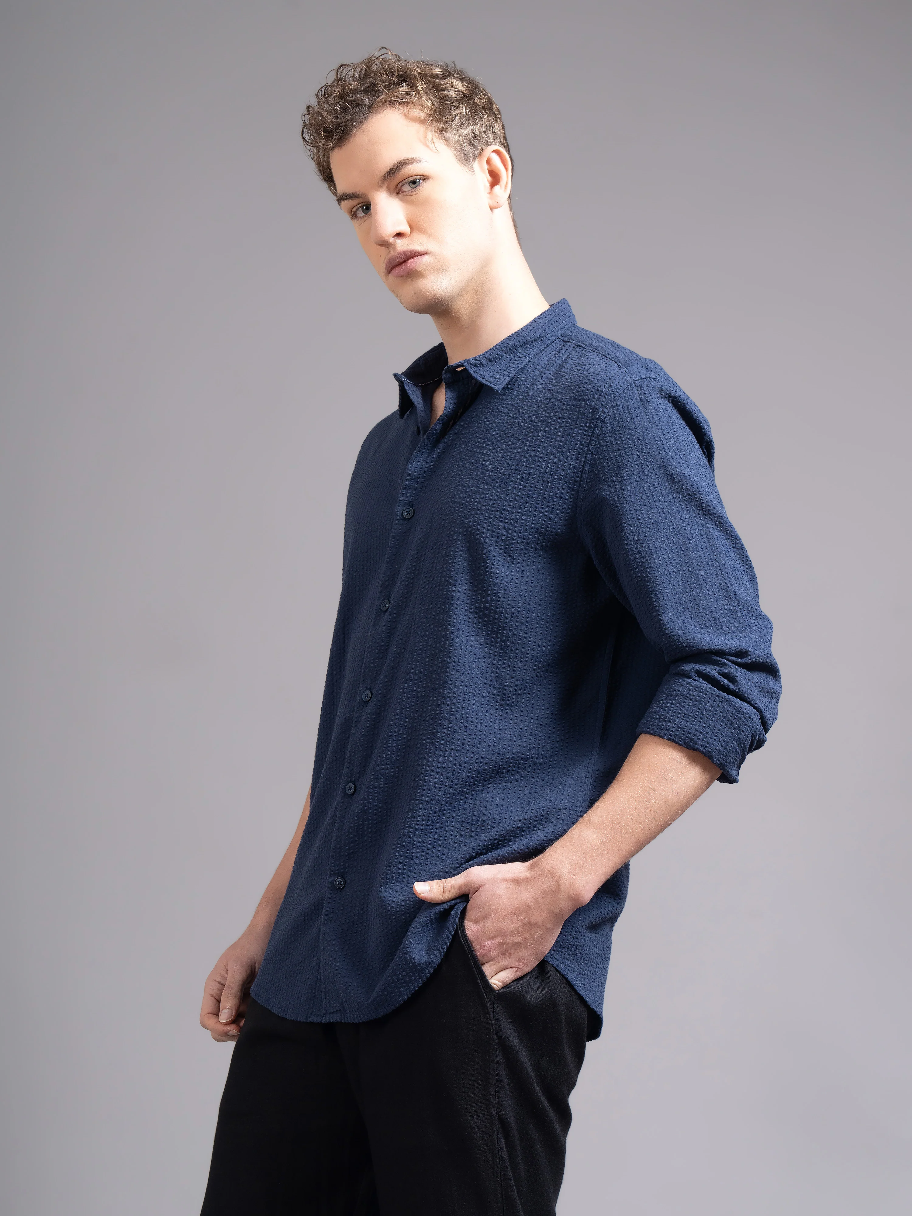 Men Navy Blue Cotton Shirt - Image 7