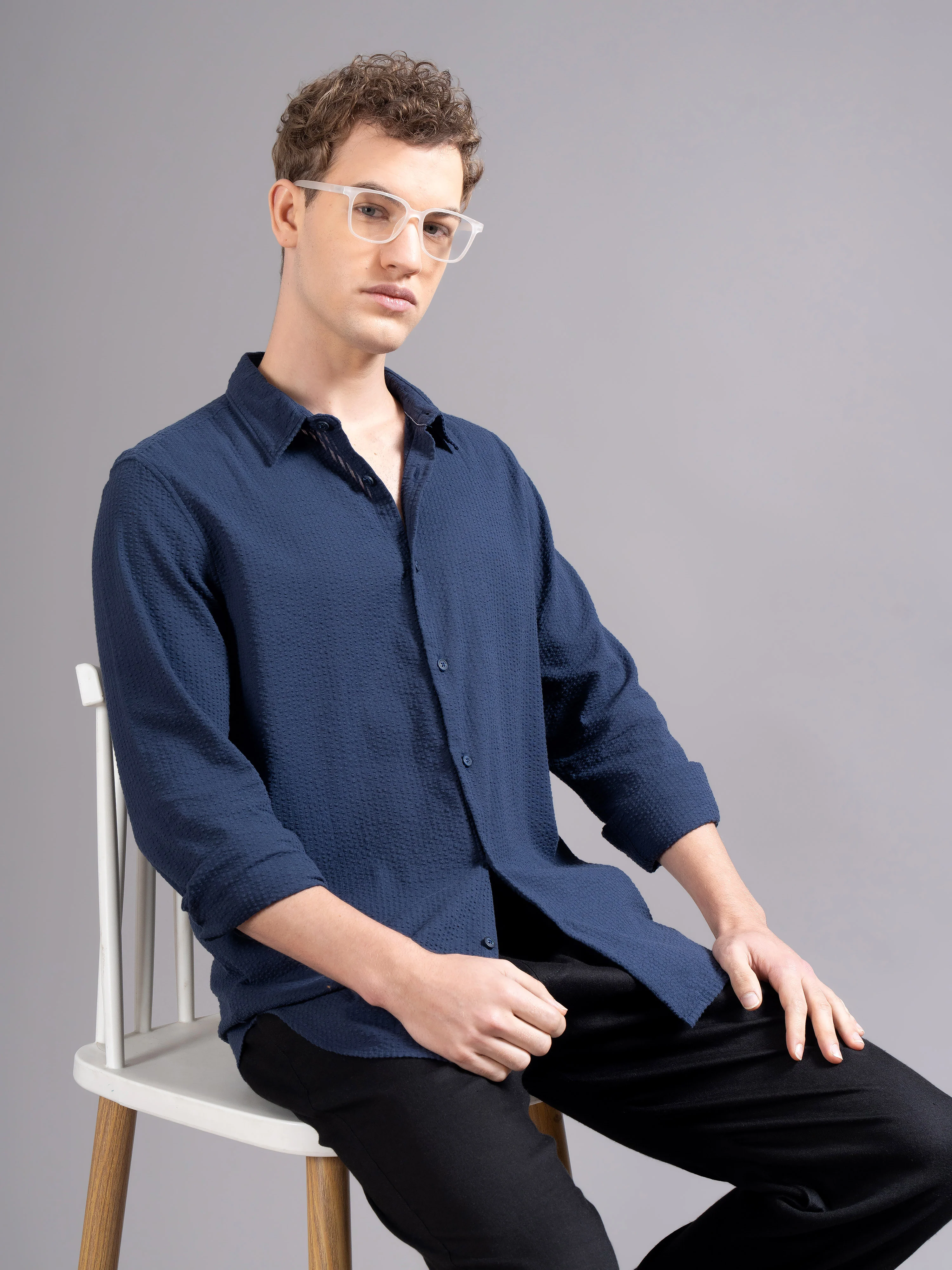 Men Navy Blue Cotton Shirt - Image 8