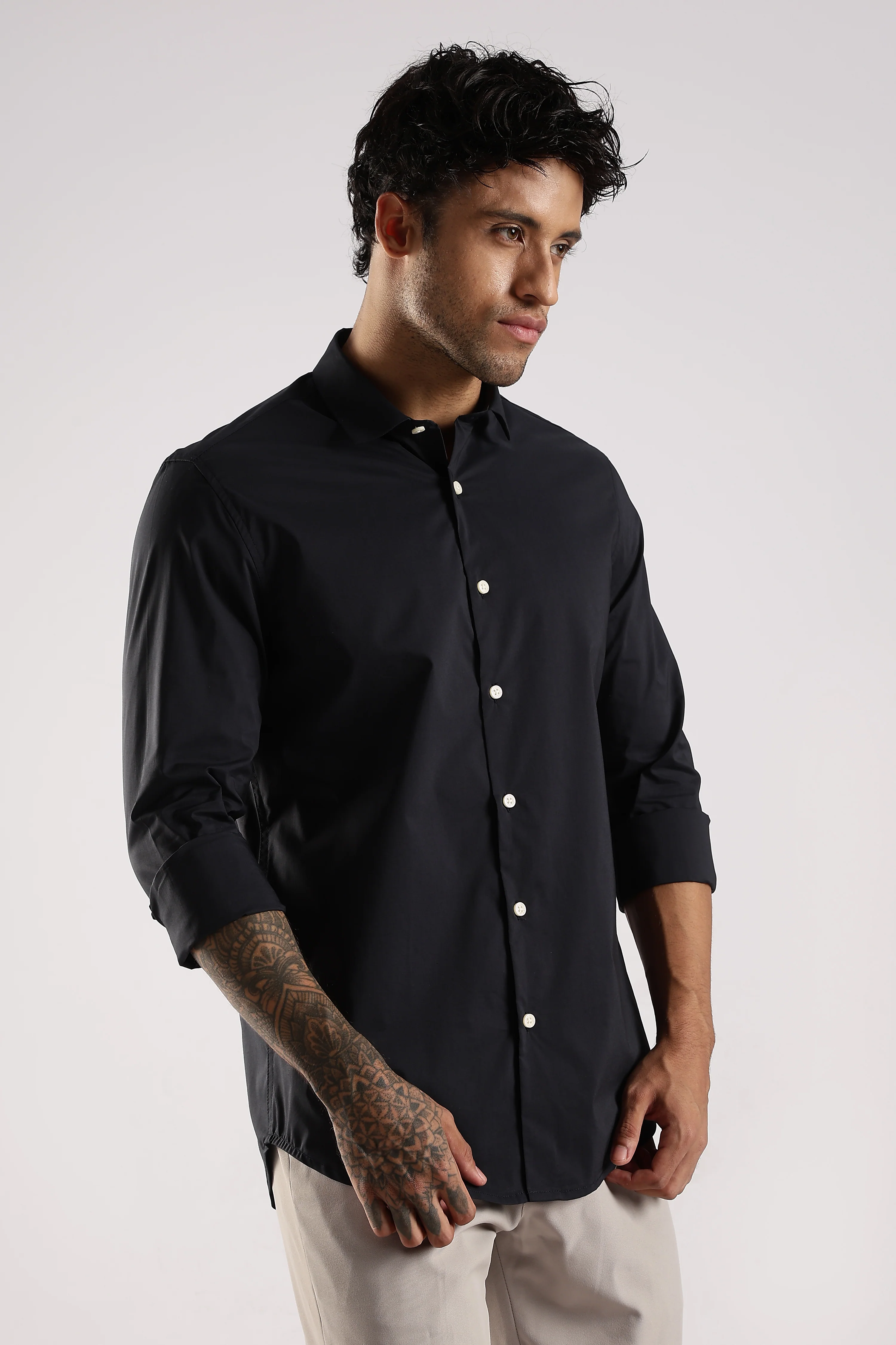 Men Navy Blue Cotton Slim Fit Shirt - Image 3