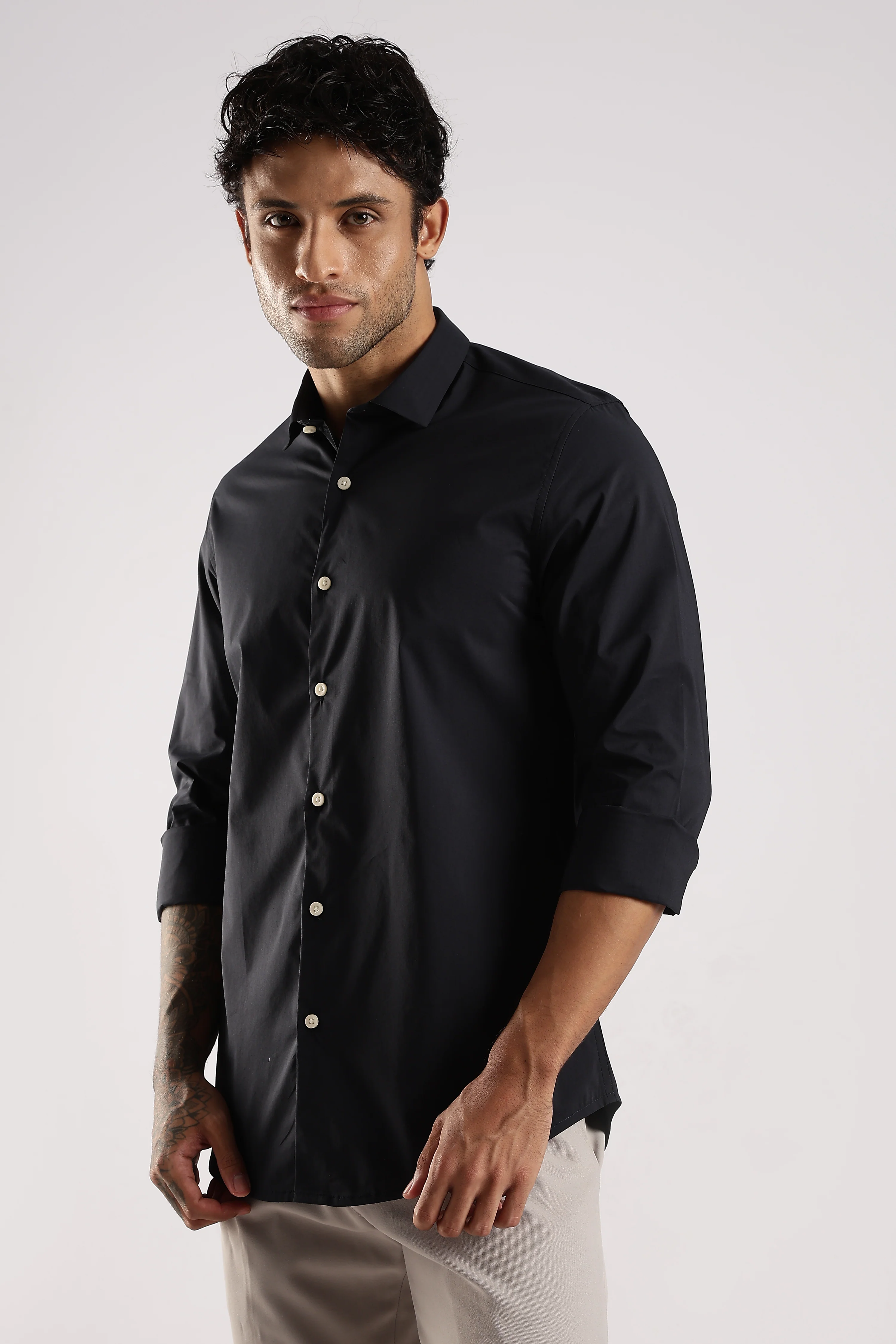 Men Navy Blue Cotton Slim Fit Shirt - Image 4
