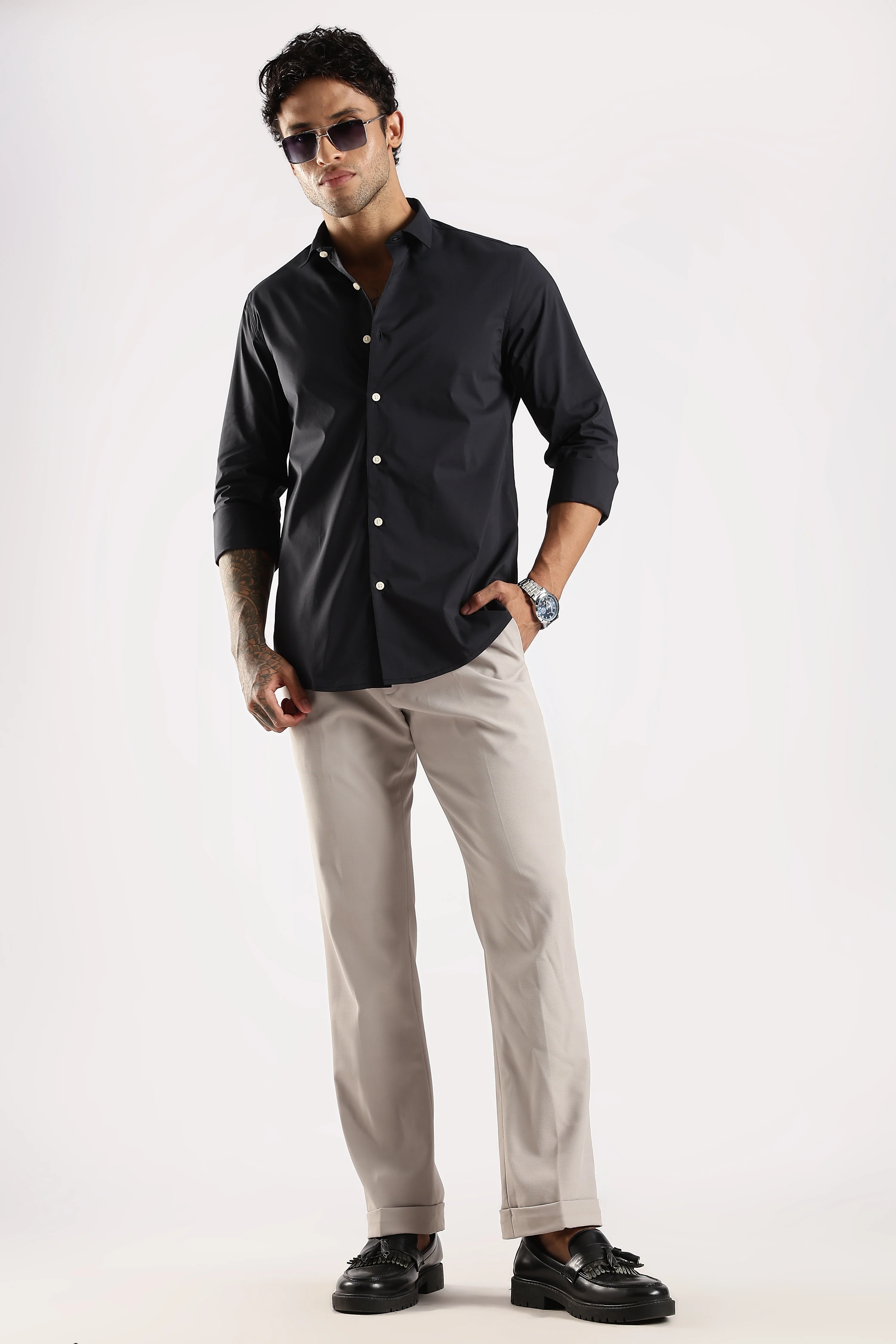 Men Navy Blue Cotton Slim Fit Shirt - Image 6