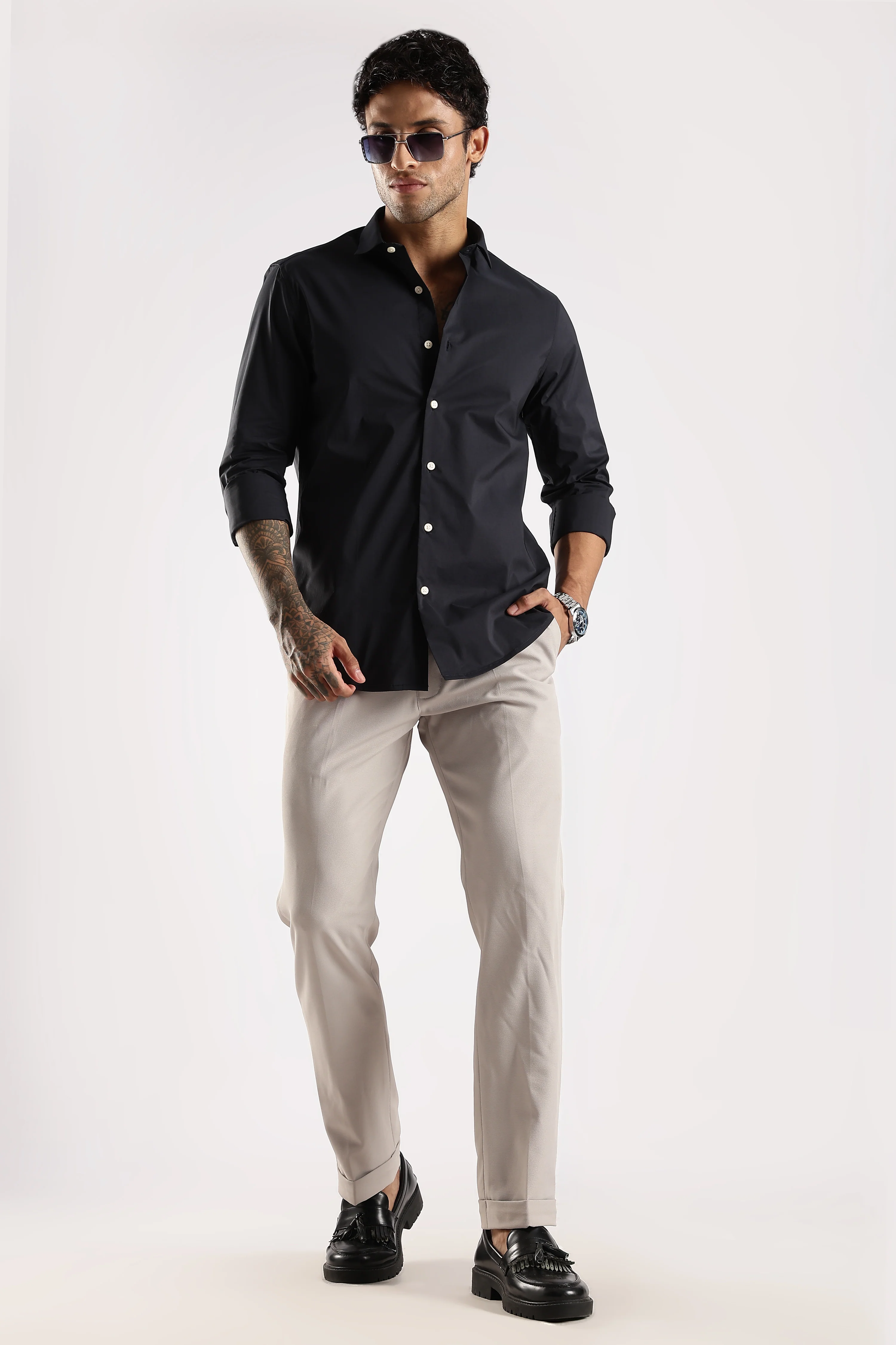 Men Navy Blue Cotton Slim Fit Shirt - Image 7