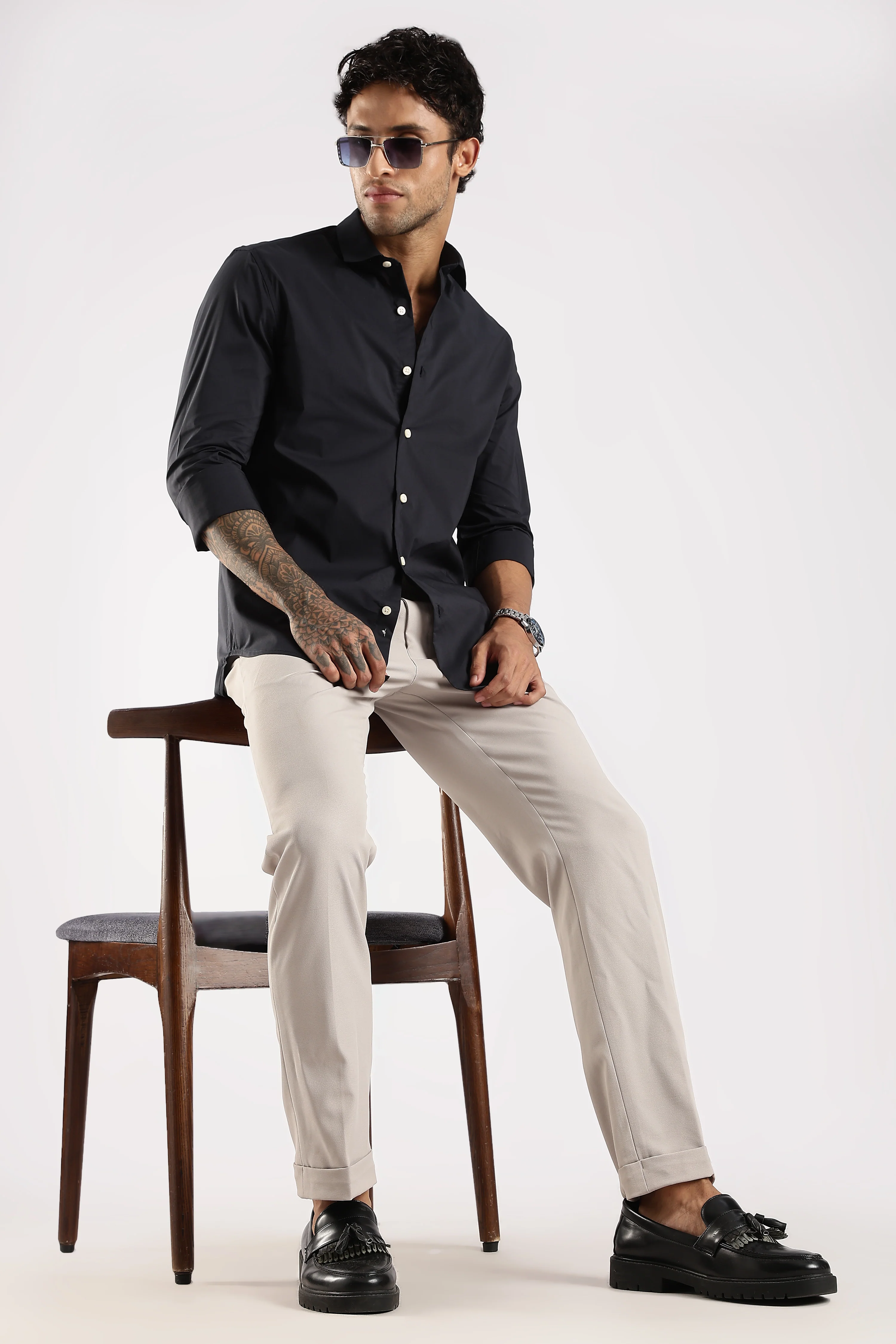 Men Navy Blue Cotton Slim Fit Shirt - Image 8